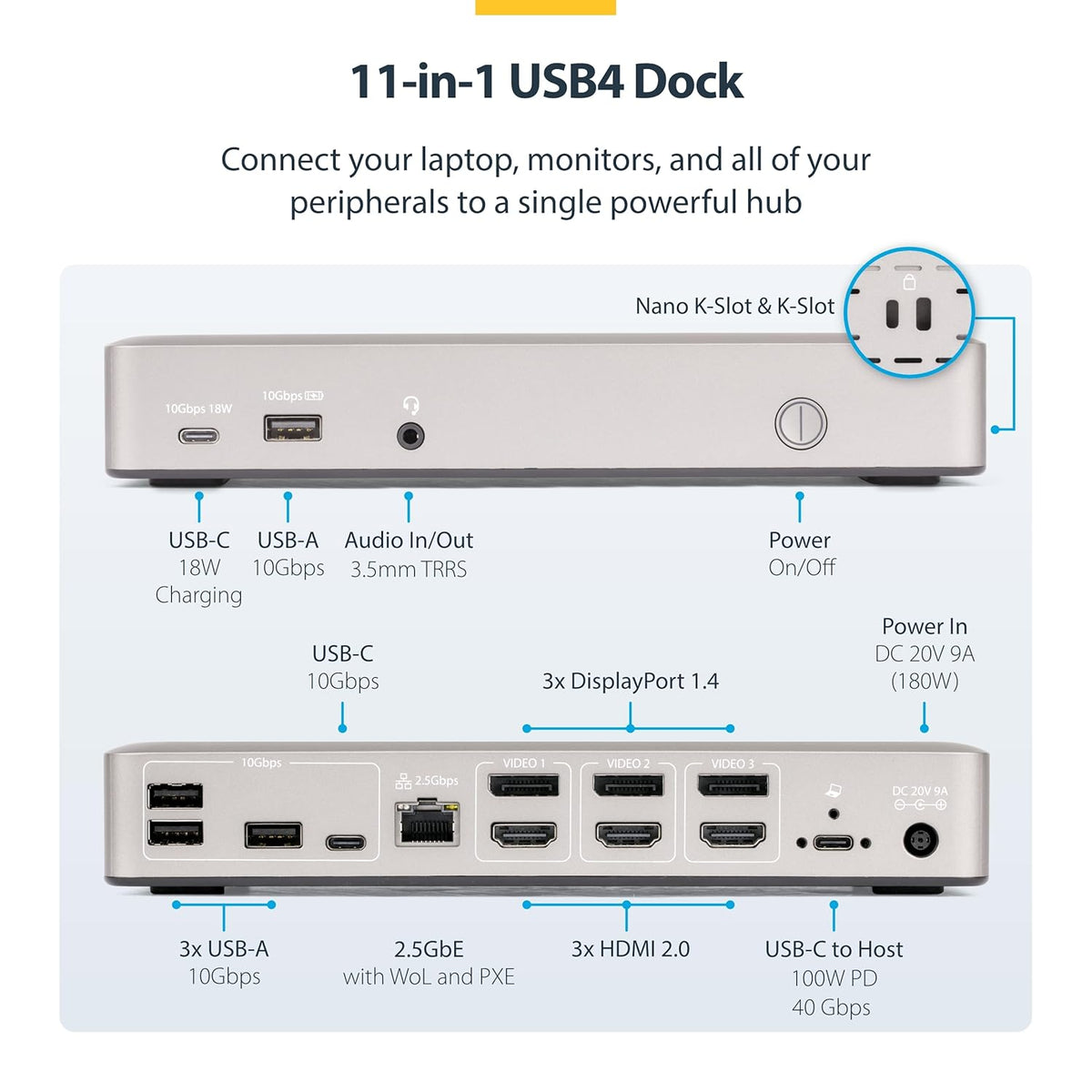 StarTech.com USB-C Docking Station (USB4), Triple 4K 60Hz Monitors, Up to 100W Laptop Charging, 2.5GbE, Driverless, Not macOS Compatible