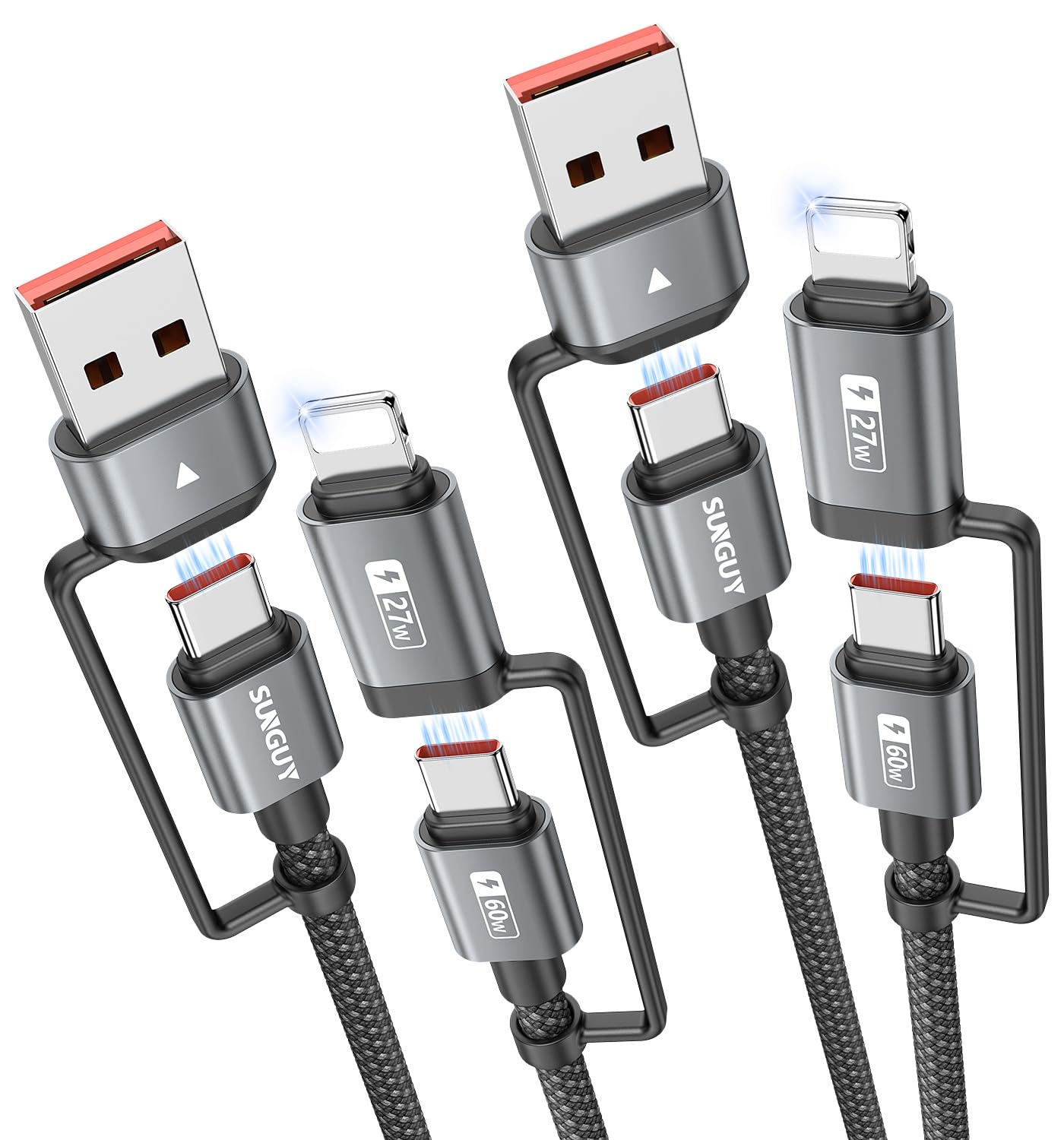 SUNGUY 4 in 1 Charging Cable 2FT [2 Pack], 60W Multi Charging Cable, USB-C/A to Lighting/C Cord for iPhone 16/15/14 Pro/iPad/MacBook/Samsung Galaxy S25/S24/Tablets