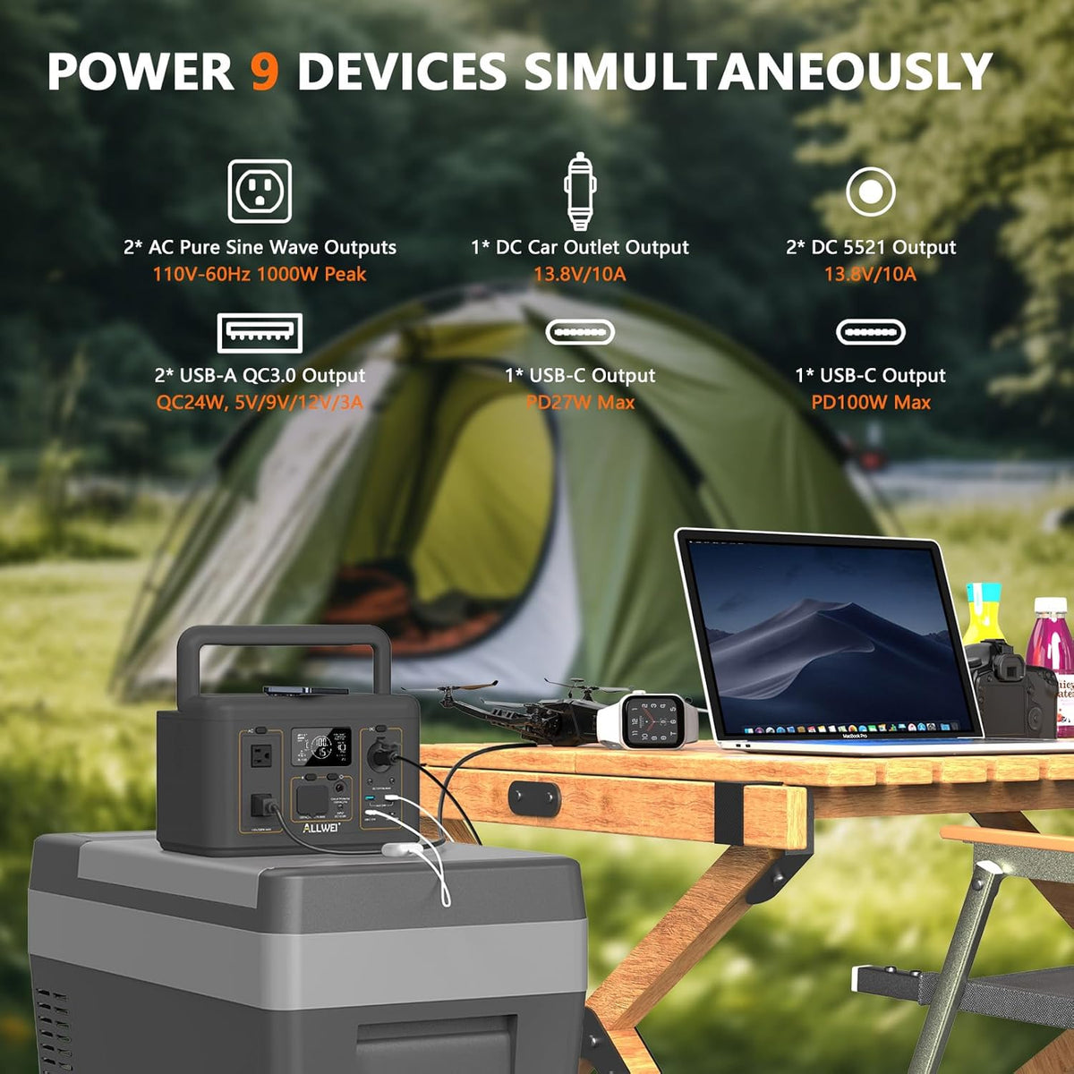 ALLWEI 500W Solar Generator with 100W Solar Panel, 512Wh LiFePO4 Portable Power Station with AC Outlets(1000W Surge), Battery Generator for RVs Outdoor Camping CPAP Home Backup Power Outage