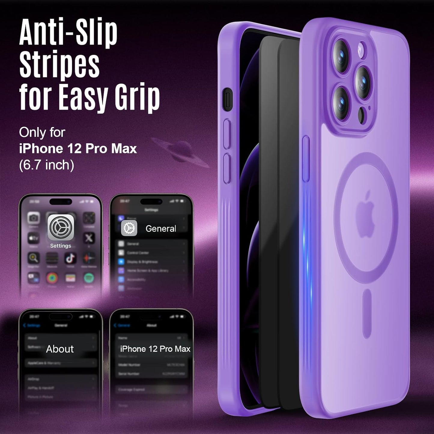 Designed for iPhone 12 Pro Max Case, Compatible with MagSafe, with Privacy Screen Protectors X2, [Camera Protection] [15FT Military Drop Protection] Shockproof Phone Case, 6.7", Light Purple