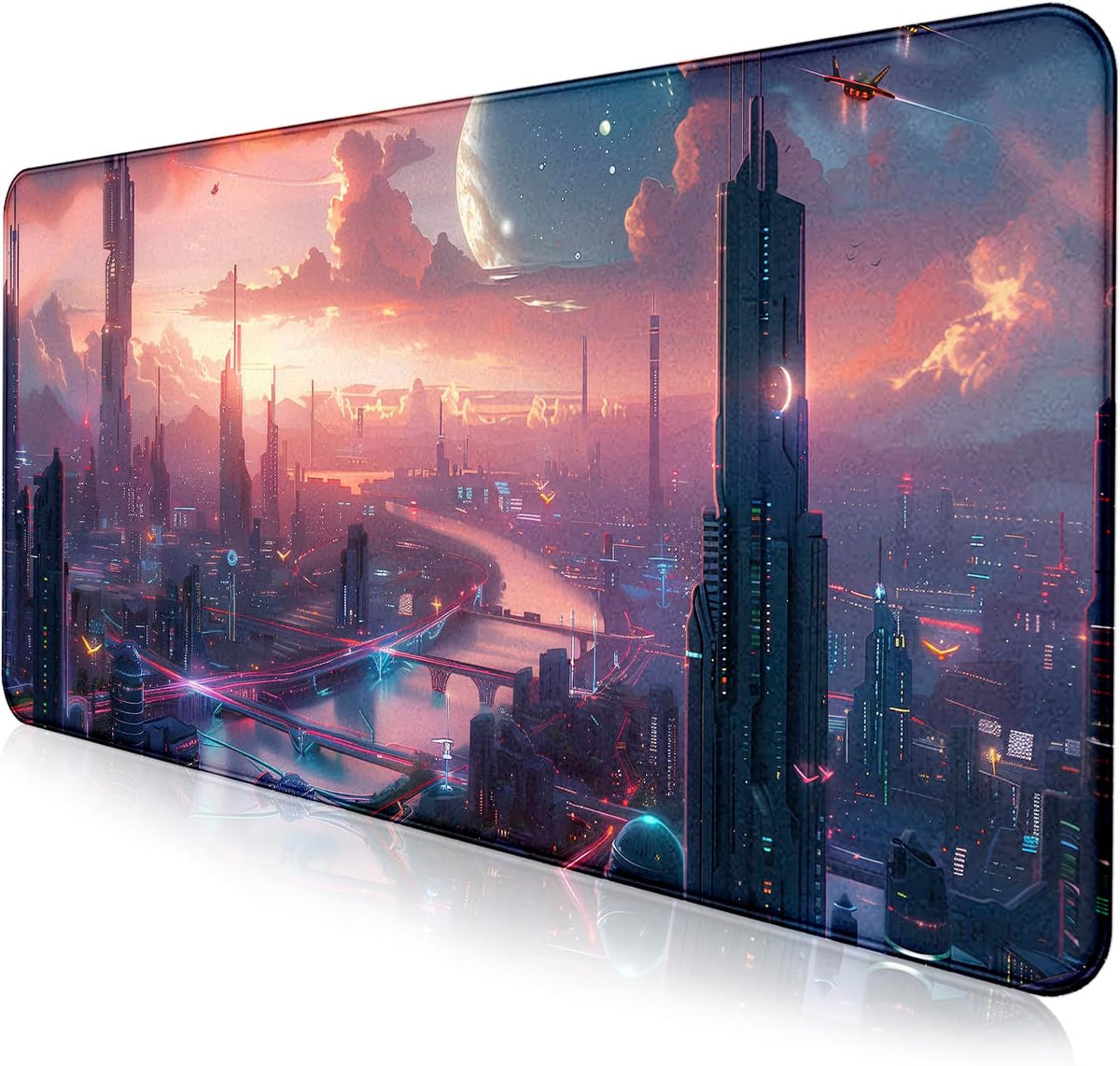Digital Anime City Night View Office Art Desk Mat, Female Aesthetic Style Oversized Stitched Edge Laptop Keyboard Desk Mat 35.4 x 15.7 x 0.12 Inches