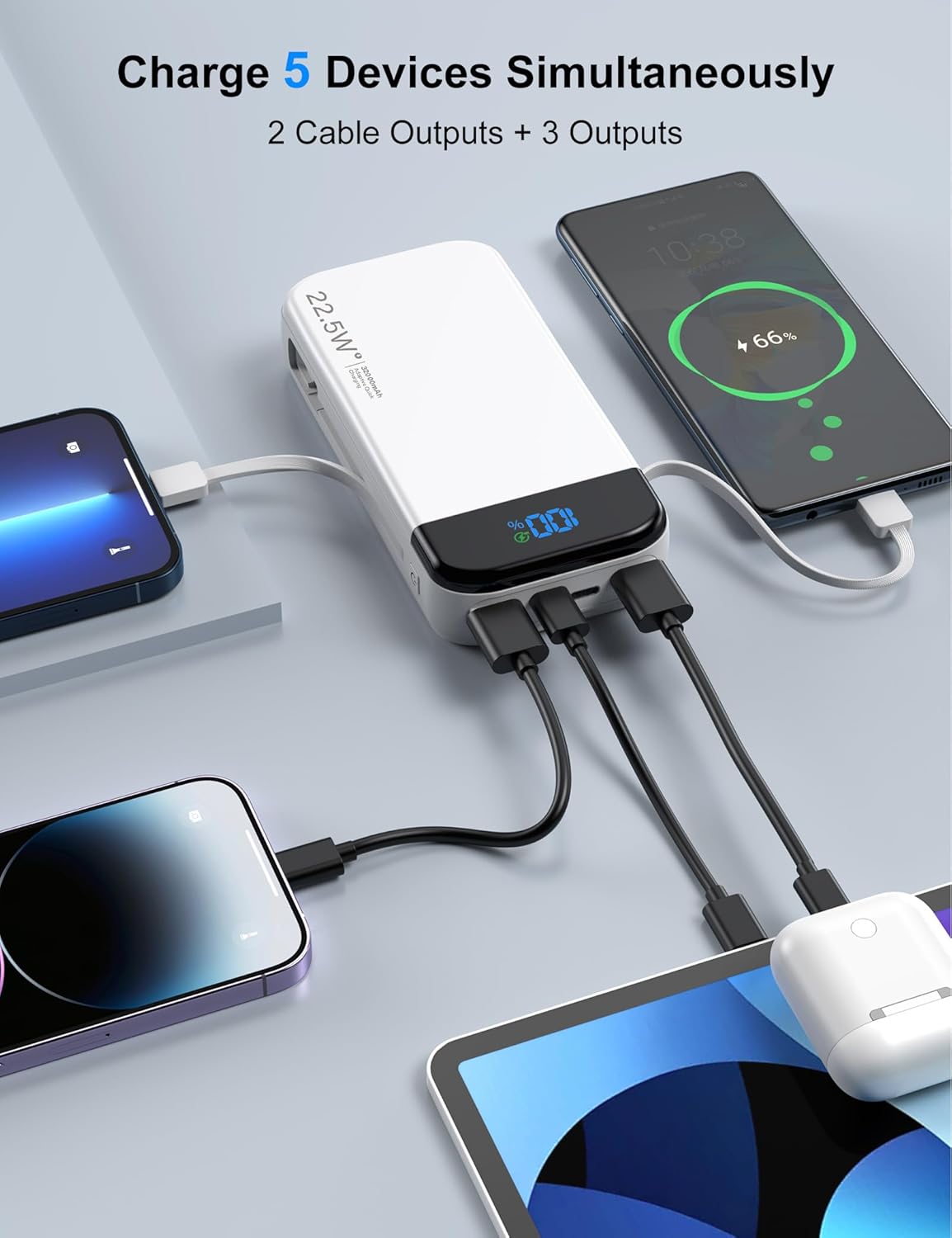 Portable Charger Power Bank 32000mAh with Built in Cables, PD3.0 USB C Fast Phone Charger, 5 Outputs LCD Display Travel Battery Pack Compatible with iPhone, Samsung All Cell Phones (White)