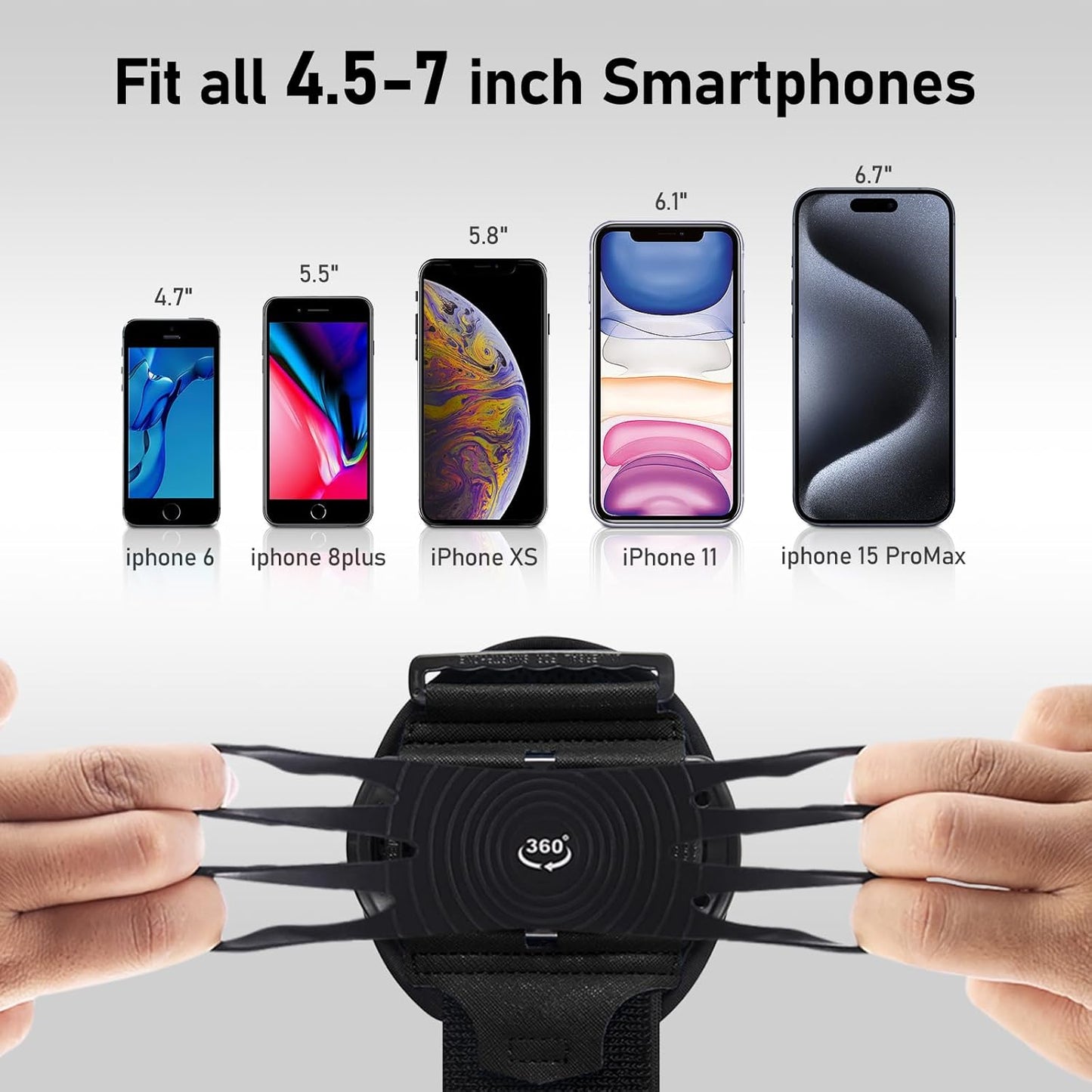 Wristband Phone Holder for Running,Forearm Armbands 360° Rotatable & Detachable Compatible with All 4.5-7 inch Cellphone for iPhone 16/15/14/Pro/ProMax/13/12/11/mini/XS/XR,for Workout Jogging