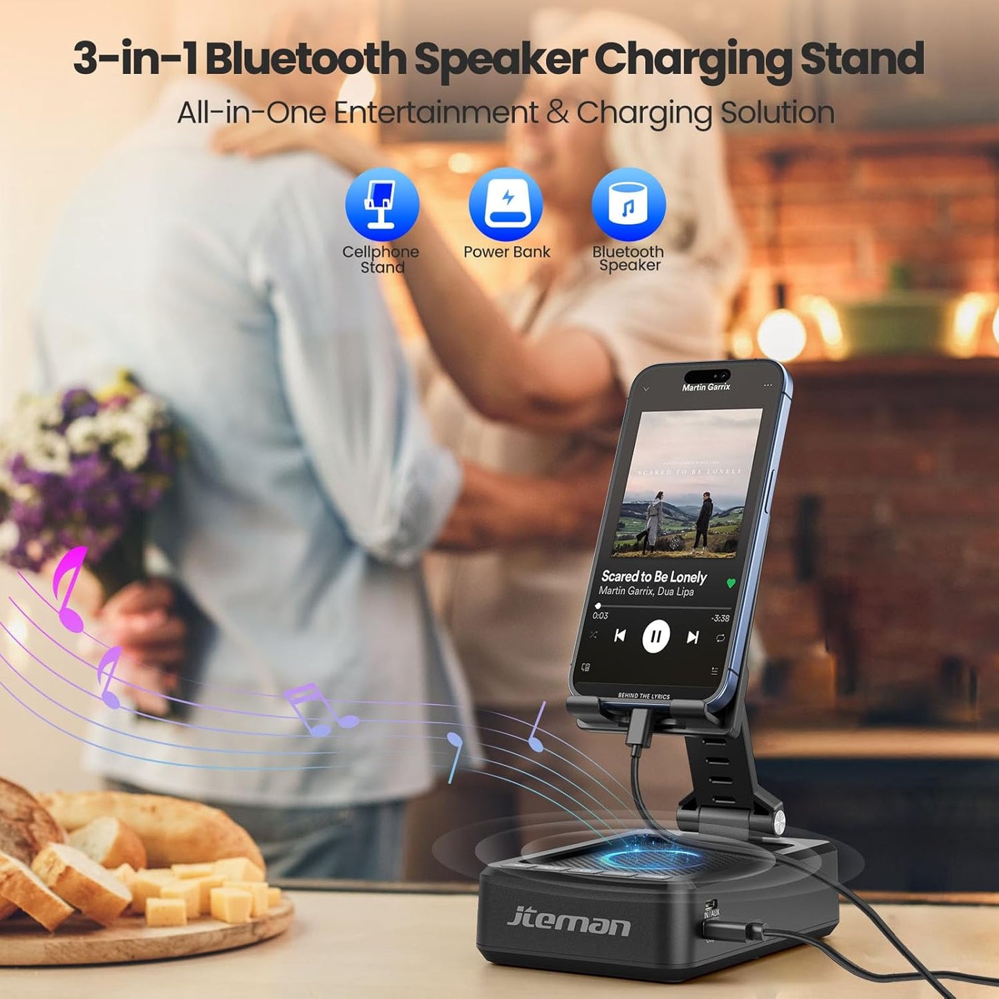 JTEMAN Cell Phone Stand with Bluetooth Speaker and Charging Function,Bluetooth Audio Power Bank Bracket,Birthday Gifts for Men Women,Kitchen Gadgets for Most Phones and Tablets-Black