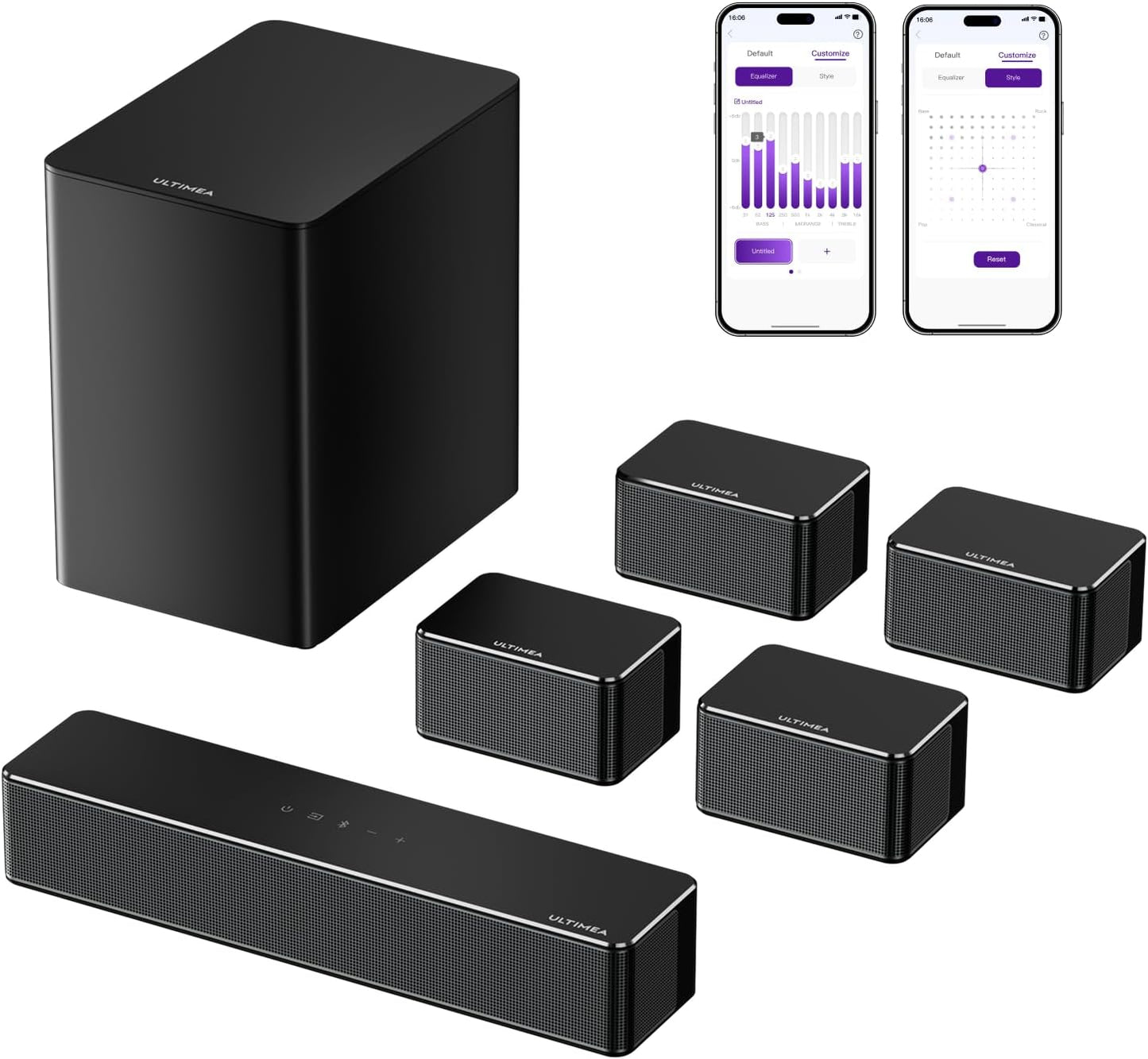 ULTIMEA 7.1 Sound Bars for Smart TV, 4 Wired Surround Speakers, Virtual Surround Sound System, 410W Peak Power, App Control, TV Soundbar with Wireless Subwoofer, Home Theater Sound System, 2025 Model