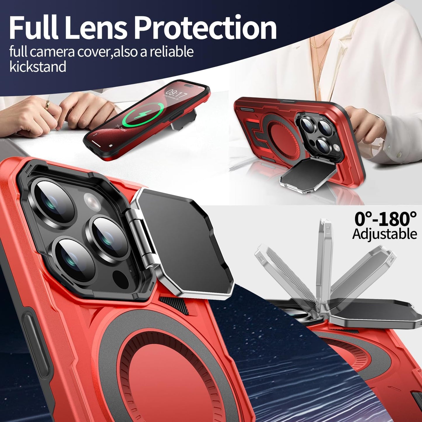 Camera Stand Case for iPhone 15 Pro Max, [Compatible with MagSafe] [Lens Cover] 2024 Version Military Grade Protective Soft Case for iPhone 15 Pro Max 6.7 inch Men Women, Red