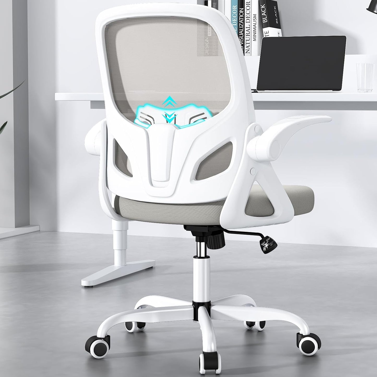 Home Desk Chair with Back Supportive Lumbar Support, Breathable Double Mesh Cushion Home Desk Office Chair with Flip up Arms, Modern Ergonomic Home Office Chair for Work(Gray)