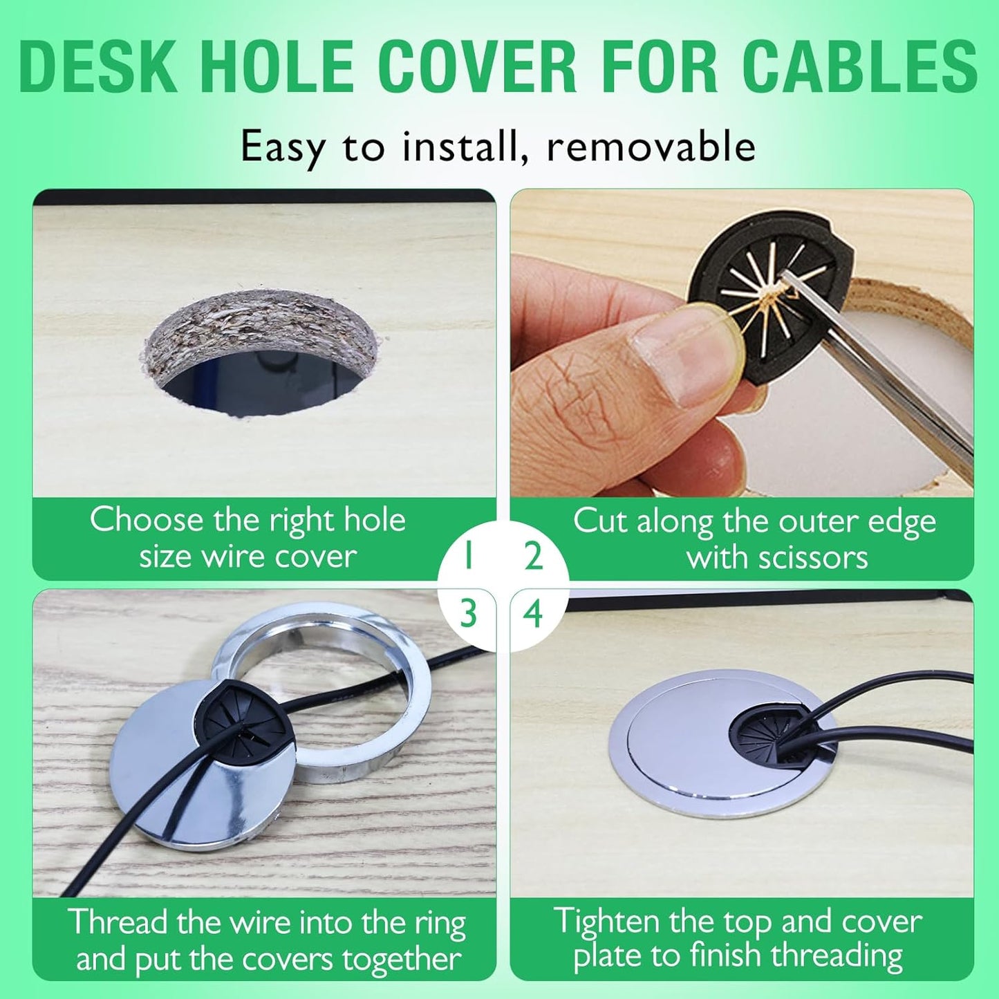 2 Pcs Desk Grommet 2-1/16" / 53 mm, Desk Cord Hole Cover, Cable Grommet Metal Zinc Alloy Materilal, Desk Hole Grommet for Home & Office Pc, Detachable Cable Cord Organizer-Brushed Silver