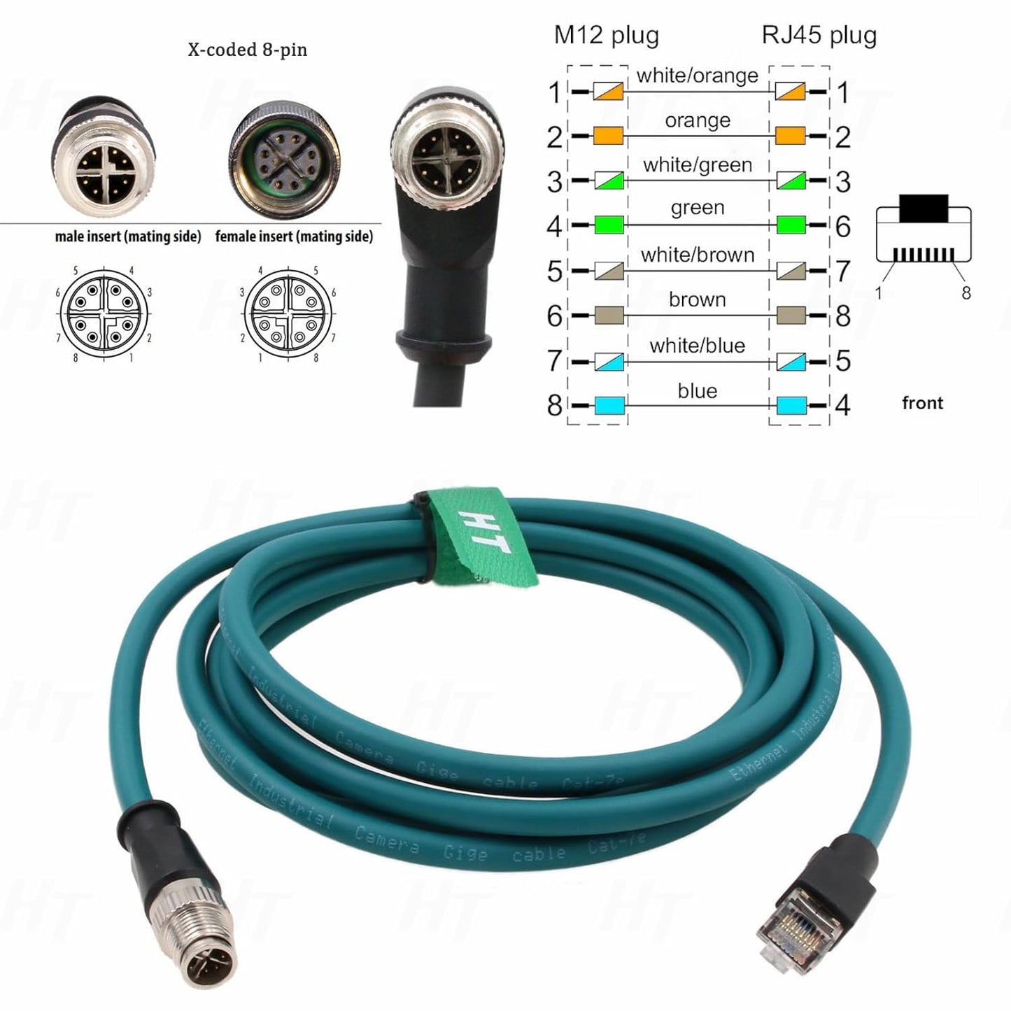 Ethernet Network Cable for Cognex Basler Datalogic Keyence Sick Baumer Microscan Camera Sensor Reader, M12 8 Pin X-Coded Male to RJ45 CAT7e High Speed 50M