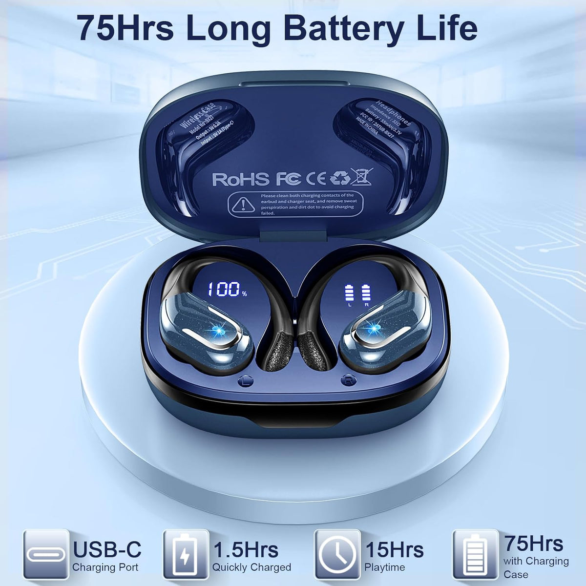 Wireless Earbud, Bluetooth 5.4 Headphones IP7 Waterproof Sport, 75Hrs Running Wireless Earphones with ENC Noise Canceling Mic, Deep Bass Over Ear bud with Earhooks for Android, iOS, Workout, Gym, Blue