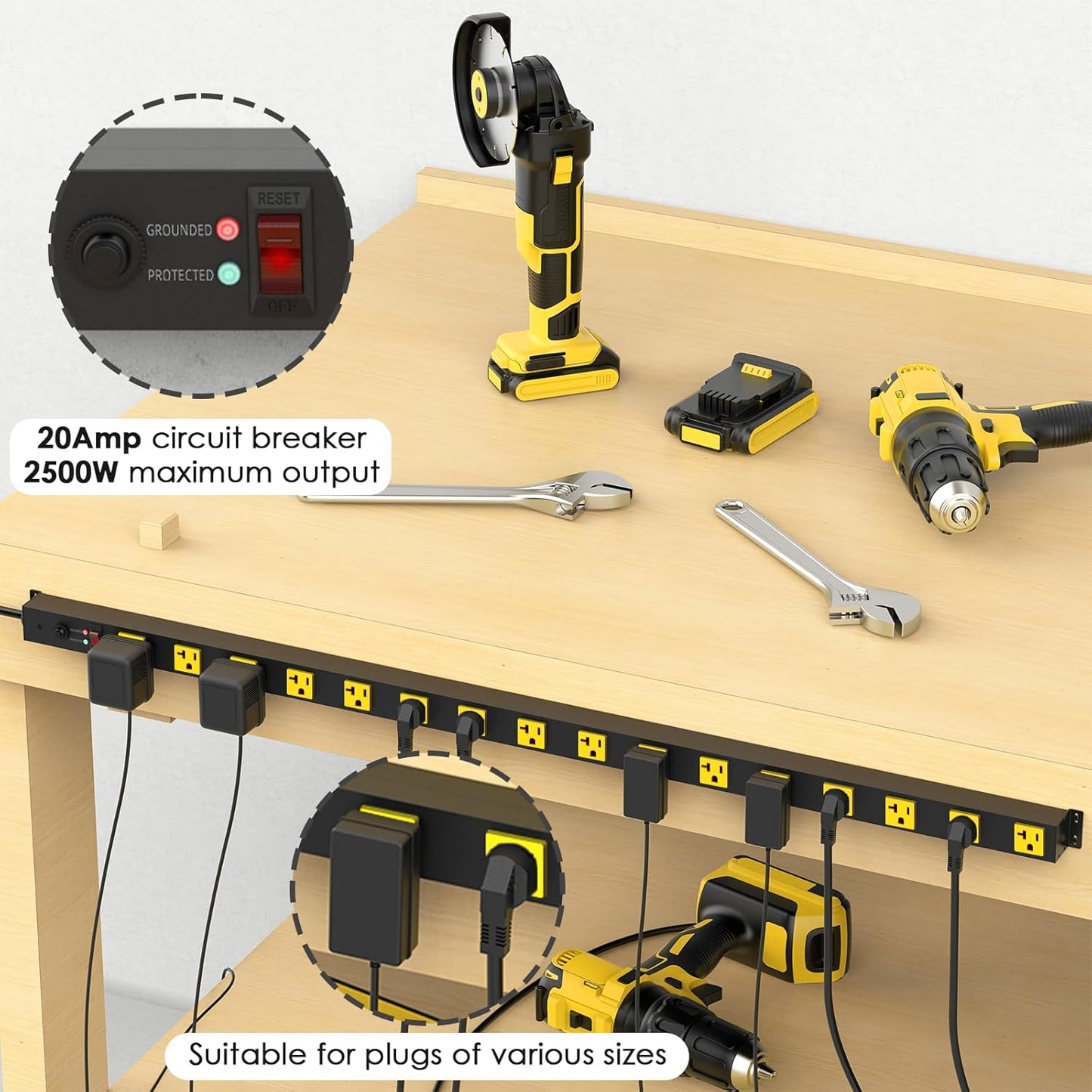 JUNNUJ Long Metal 16 Outlet Power Strip, Heavy Duty Power Strips Surge Protection 4800J with Circuit Breaker, 20a Wide Spaced Socket Wall Mount 5-15P Adapter High Amp 6-20R T-Slot 15FT Extension Cord