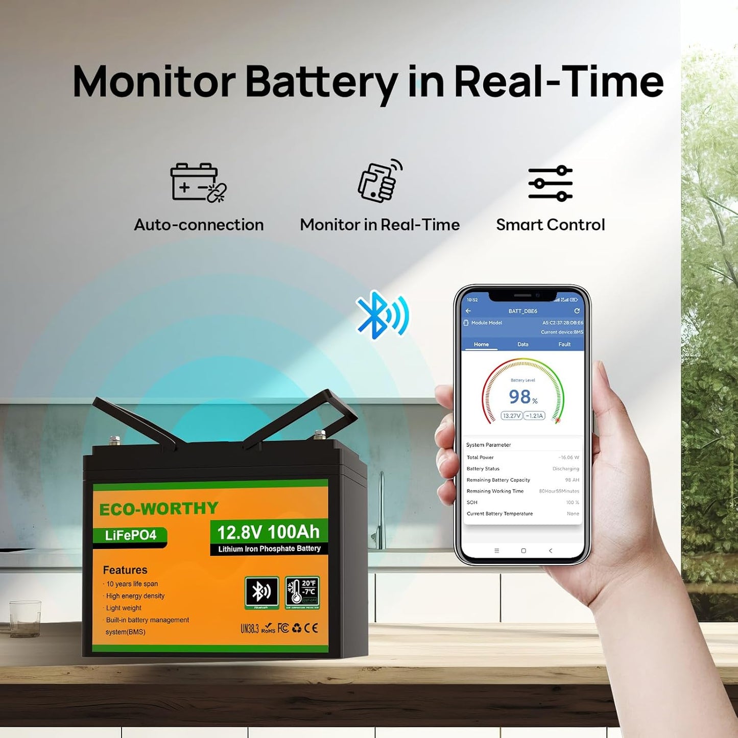 ECO-WORTHY 12V 100AH LiFePO4 Lithium Battery with Bluetooth, Max.1280Wh Energy, Low Temperature Protection, Group 24, Built-in 100A BMS, Perfect for Trolling Motor, RV, Boat, Solar Off-Grid