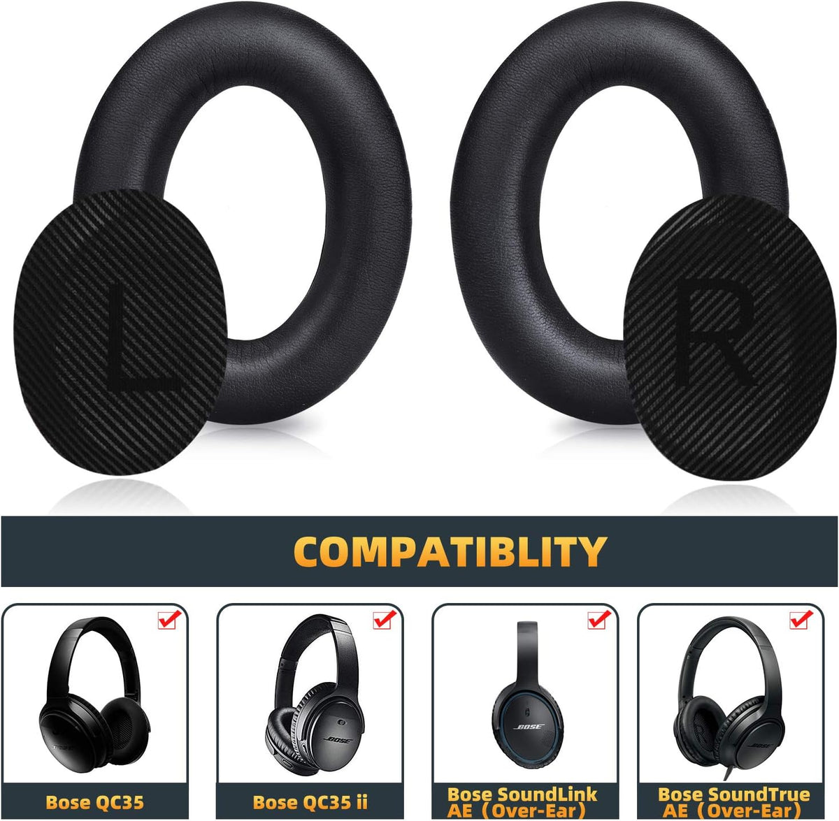 Premium Replacement Ear Pads for Bose QC35 & QC35ii Headphones Made by GEVO- Comfortable Adaptive Memory Foam and Extra Durable - Fits QuietComfort 35 & 35ii / SoundLink 1&2 AE（Over-Ear） (Black)