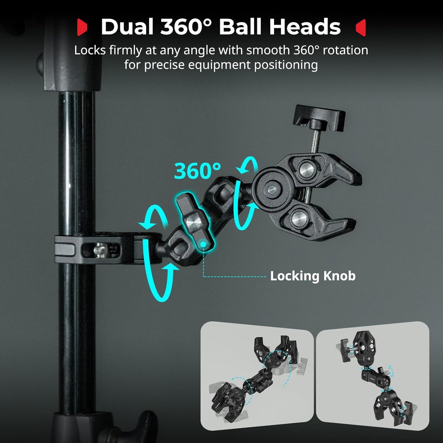 SMALLRIG Double Super Clamp Mount with Magic Arm, 360° Ballhead Pole Clamp for Umbrella, Chair Monitor Desk Photo Studio Light Stand, Photography Reflector, Motorcycle,Tripod Mount for Cross Bar
