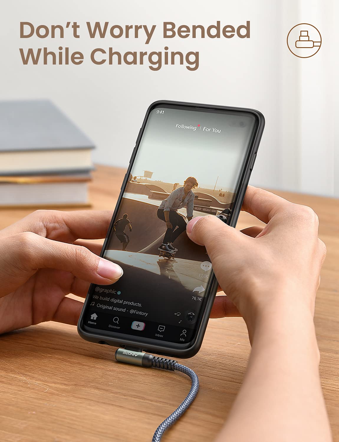 AINOPE USB C Cable 0.5ft, 3.1A Type C Charger Fast Charging Cable Right Angle, Durable Nylon Braided USB C Charging Cable Compatible with Galaxy S10 S9 Plus S21, Note 10 9 LG, Type C Charger Cable