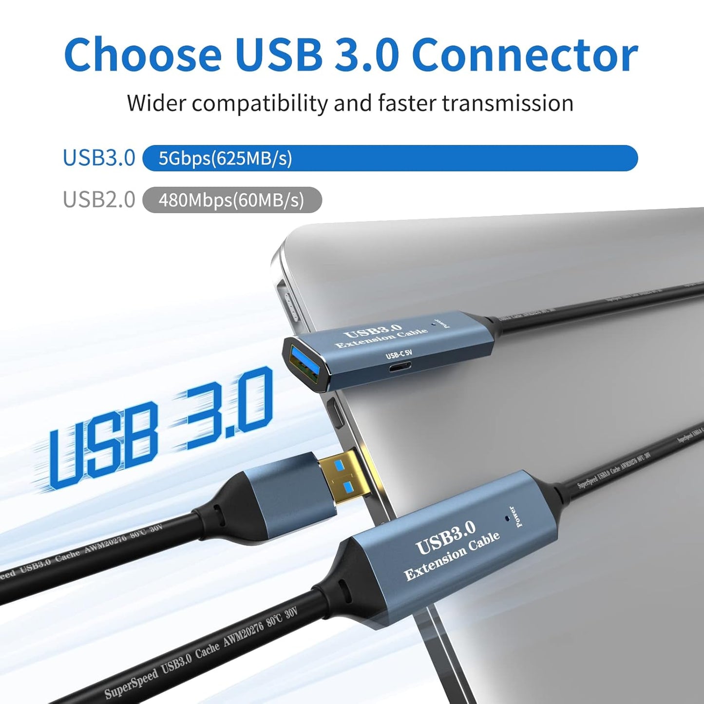 USB 3.0 Extension Cable 50FT Type A Male to Female Active Extender Cord with 2 Extension Chipsets Signal Booster and 1 USB-C Charging Port, for Webcam, USB Hub, PlayStation, Printer, Camera