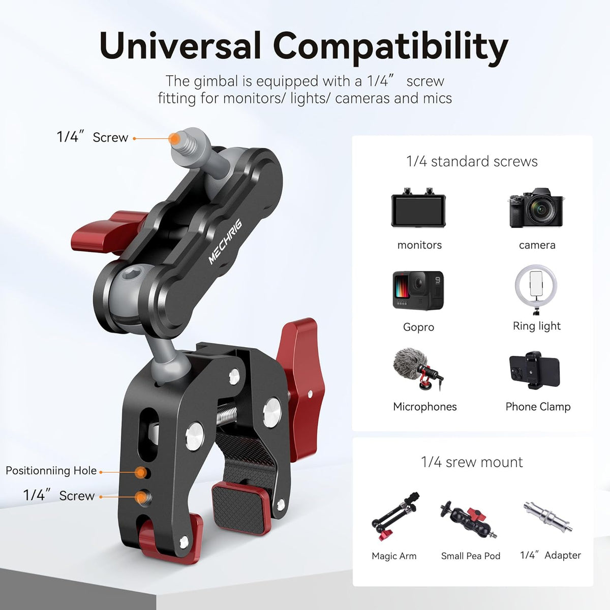 Camera Clamp Mount & 360°Ball Head Magic Arm with Adapter for Go pro, Aluminum Double Ball Head Adapters, Heavy Duty Super Clamp with 1/4"-20 & 3/8"-16 Thread -SJ008