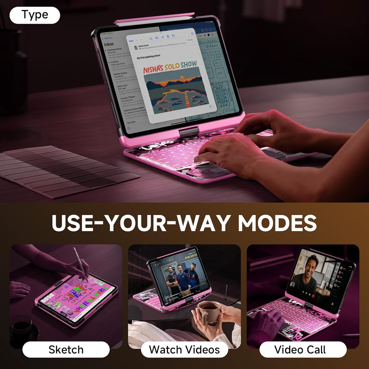 Transparent Case with Keyboard for iPad Air 13 Inch (M3/M2, 2025/2024), iPad Pro 12.9 Inch (6/5/4/3 Gen),7-Color Backlit,Magic Wireless Keyboard, 360°Rotating,with trackpad,Pencil Holder,Pink