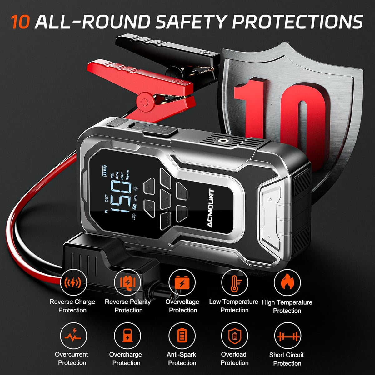 Jump Starter with Air Compressor, 6000A Car Battery Jump Starter (All Gas/10.0L Diesel), 150PSI Tire Inflator, 12V Jumper Pack with LCD Display & LED Light, Portable Air Pump, 21800mAh Battery
