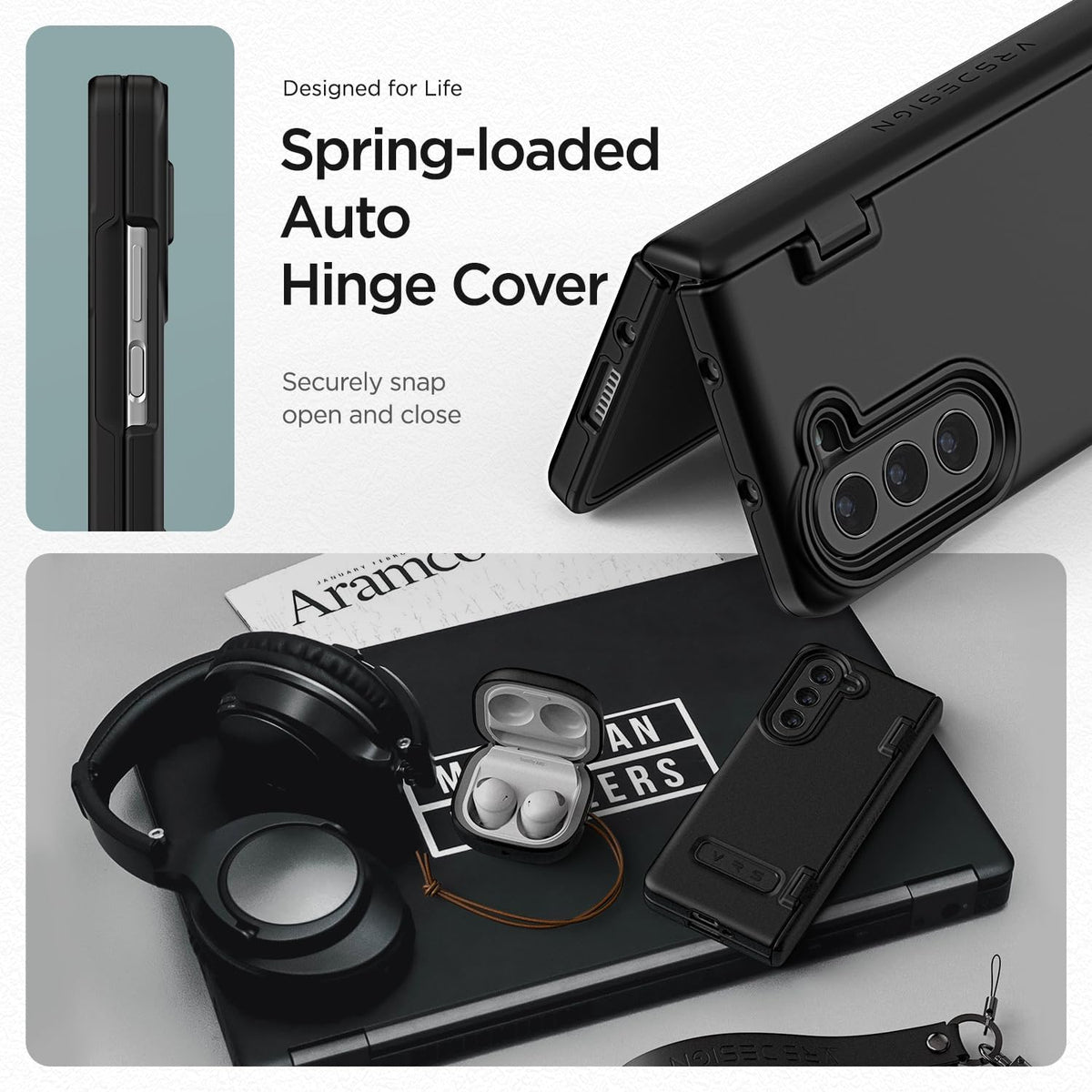 VRS DESIGN Phone Case for Galaxy Z Fold 5 5G (2023) [Terra Guard Modern], Premium Modern Neat Style Case [Anti Scratch Spring-Loaded Hinge Protection] with Screen Protector (Matte Black/Renewed)