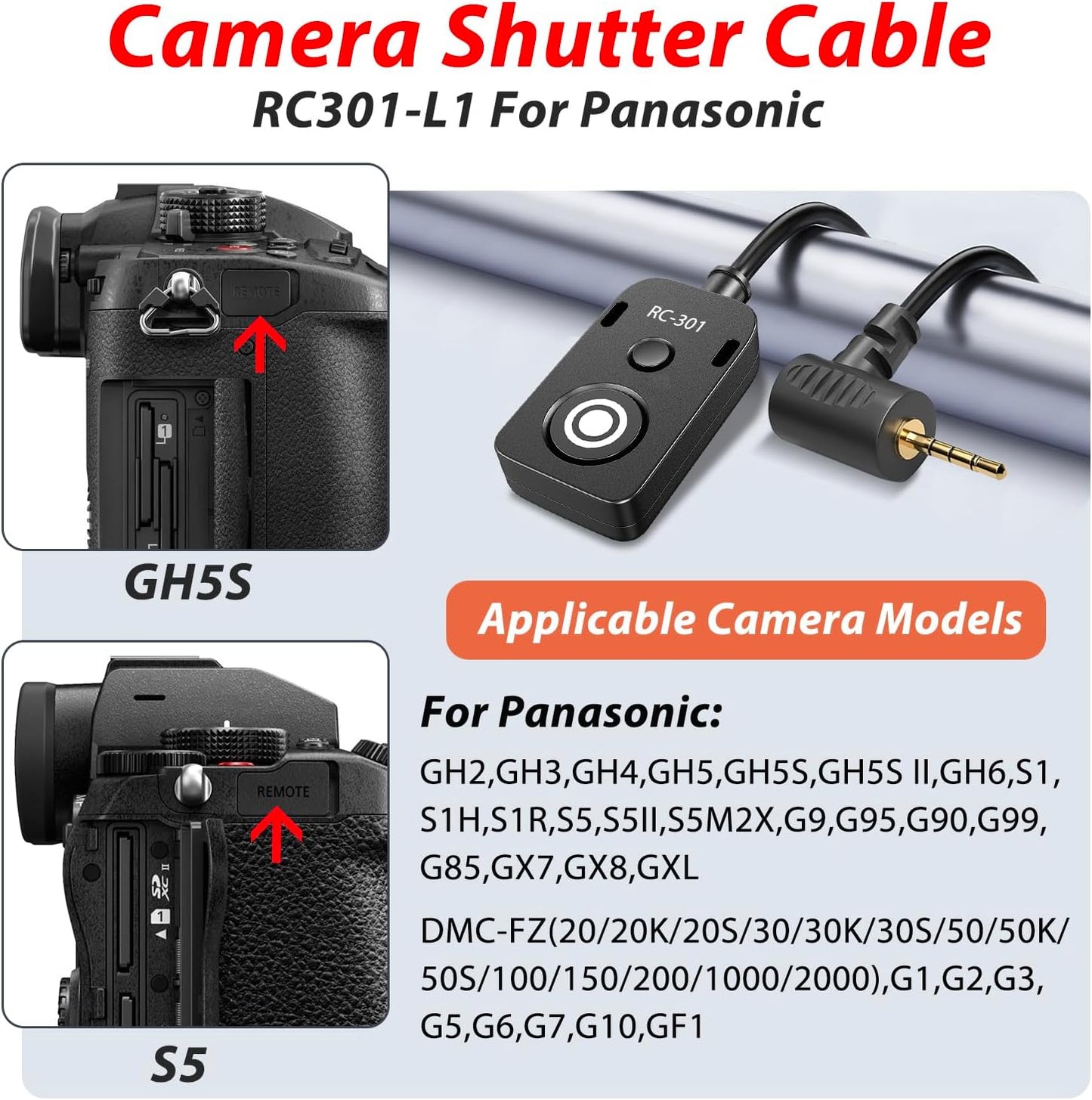 for Panasonic Cable RC301-L1 Remote Camera Small Shutter Release Remote Control 196.8 "Extended Cable Remote Wired Button GH3 GH4 GH5 GH6 S5 S5II G85 G9 GXL S1R -114(RC301-L1 GH 196.8in/5m)