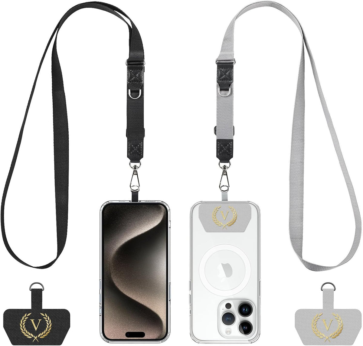 Phone Lanyard 2 Pack, Adjustable Cell Phone Multifuctional Patch Lanyards,Compatible with Most Smartphones and Wallets Keys ID Badges Travel Essentials(Black+Gray) (Lanyard Letter Sign V)