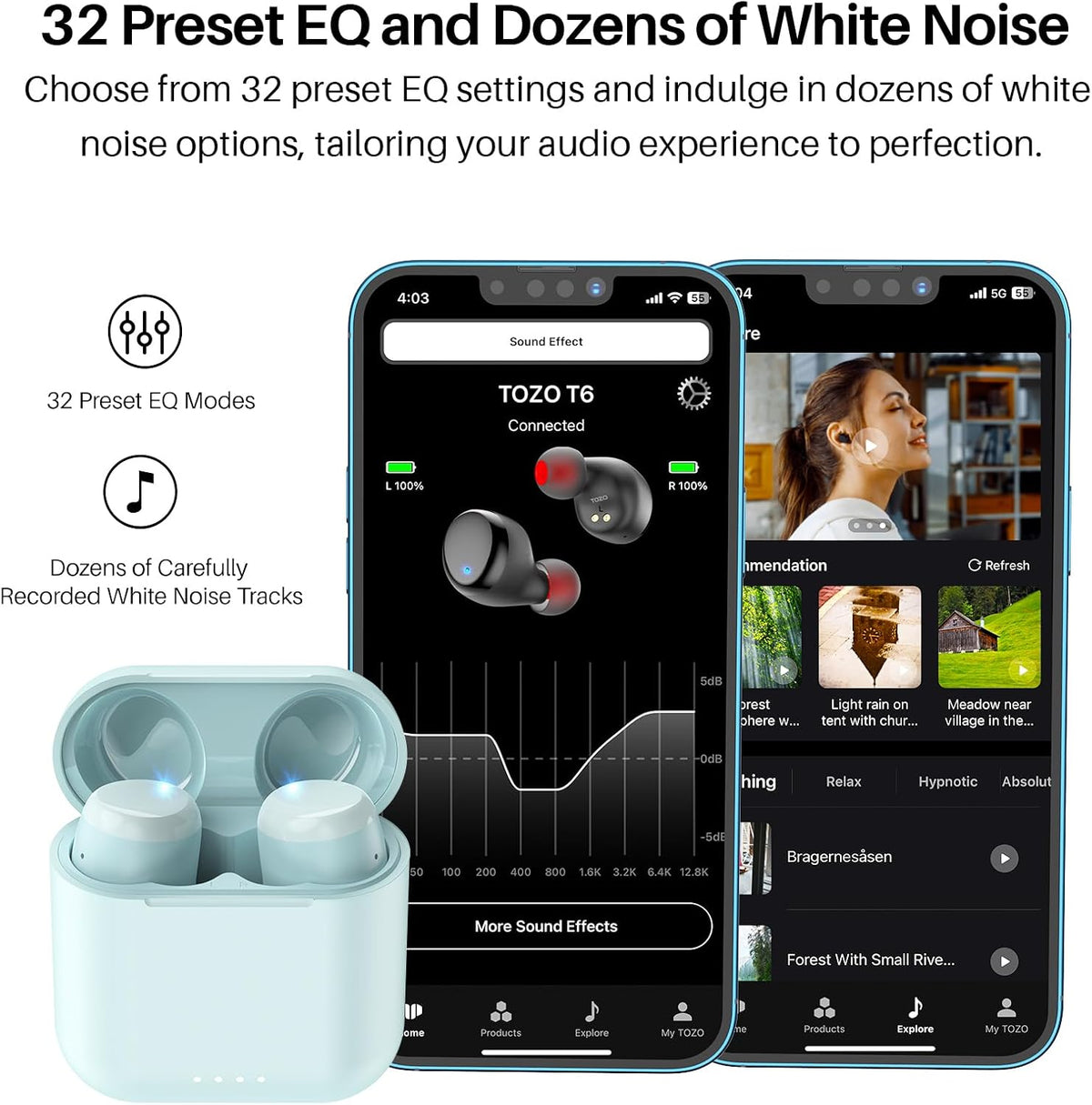 TOZO T6 Wireless Earbuds, Bluetooth 5.3 Ear Buds, Stereo Sound in Ear Headphones, 50 Hours Playtime, Wireless Charging Case, APP Customizable EQs, IPX8 Waterproof Earphones