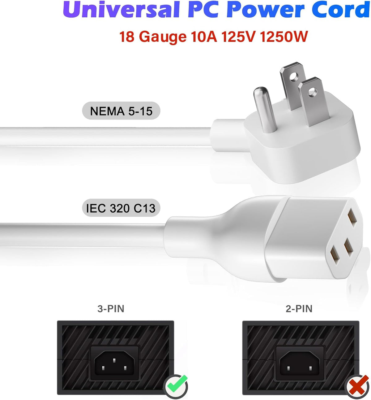 Adoreen 6 Ft Computer TV Replacement Power Cord White, Low Profile Flat Plug 18AWG 3-Prong AC Universal Power Supply Cable NEMA 5-15P to IEC 320 C13 for Printer, PC, Monitor TV LCD, ETL+Ties