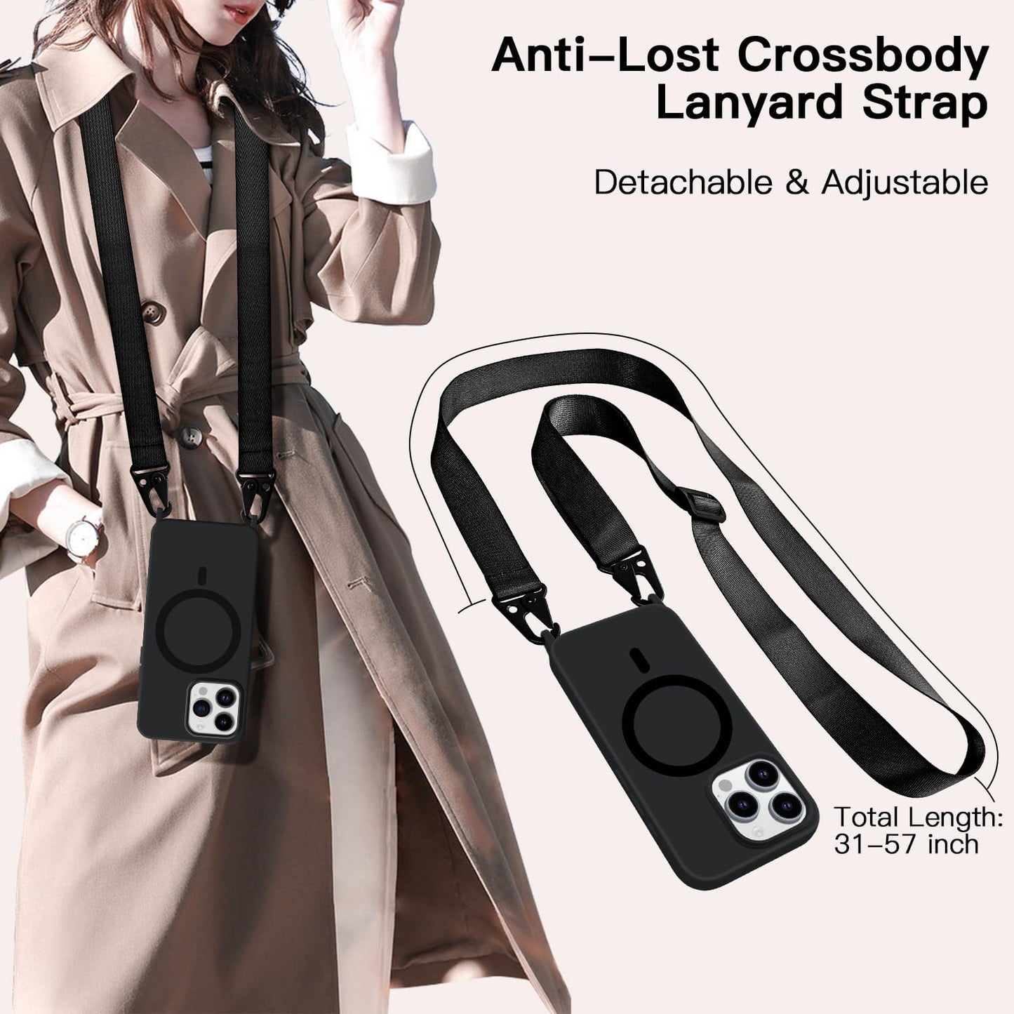 for iPhone 16 Pro Max Case with Lanyard [Compatible with MagSafe], Crossbody Phone Case with Neck Strap Adjustable, Magnetic Phone Cover for iPhone 16 Pro Max 6.9'' Black
