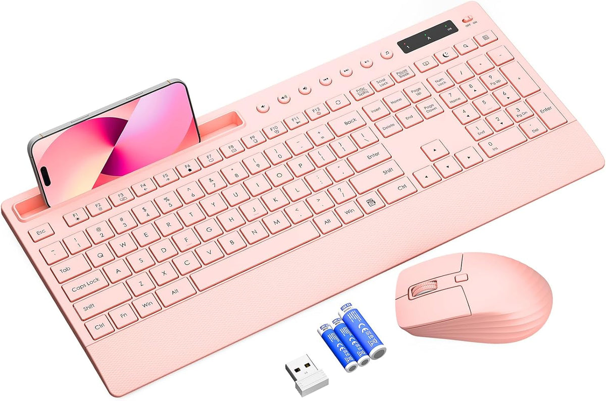 Pink Keyboard and Mouse Wireless, 2.4G Lag-Free Cute Keyboard Combo with Ergonomic Wrist Rest, Phone Holder & Batteries Included, Cordless Silent Key Board Set for Computer, PC, Windows - Trueque