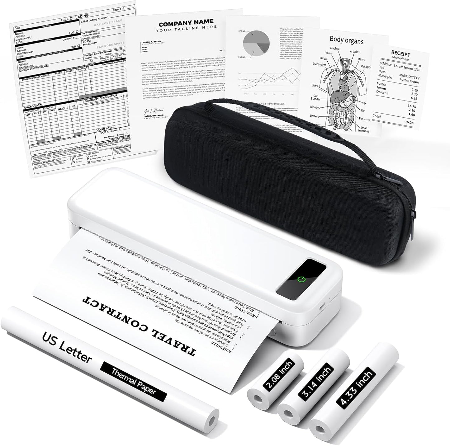 Portable Printers Wireless for Travel, Bluetooth Inkless Thermal Printer, Support 8.5" X 11" US Letter & A4, Small Mobile Printer with Carry Case and 4 Rolls Thermal Paper Kit, for Home Car Receipt