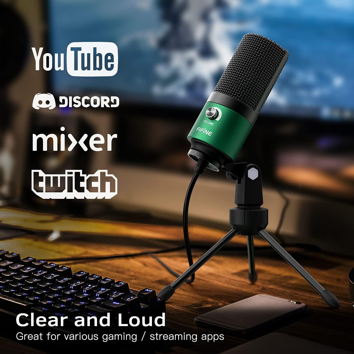 FIFINE USB Gaming Microphone for PC Desktop, PS4 and Mac, Gain Control, External Condenser Computer Mic for Streaming, Podcasting, Twitch, Discord, Green - K669G