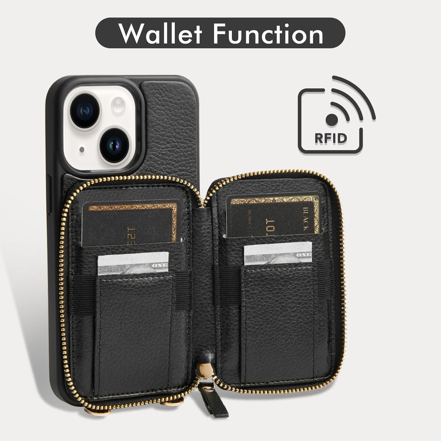 ZVE for iPhone 15 Wallet Case, Card Holder Crossbody Phone Purse for Women, Zipper Leather RFID Blocking Carrying Cover with Wrist Strap for iPhone 15 (6.1 inch)- Black