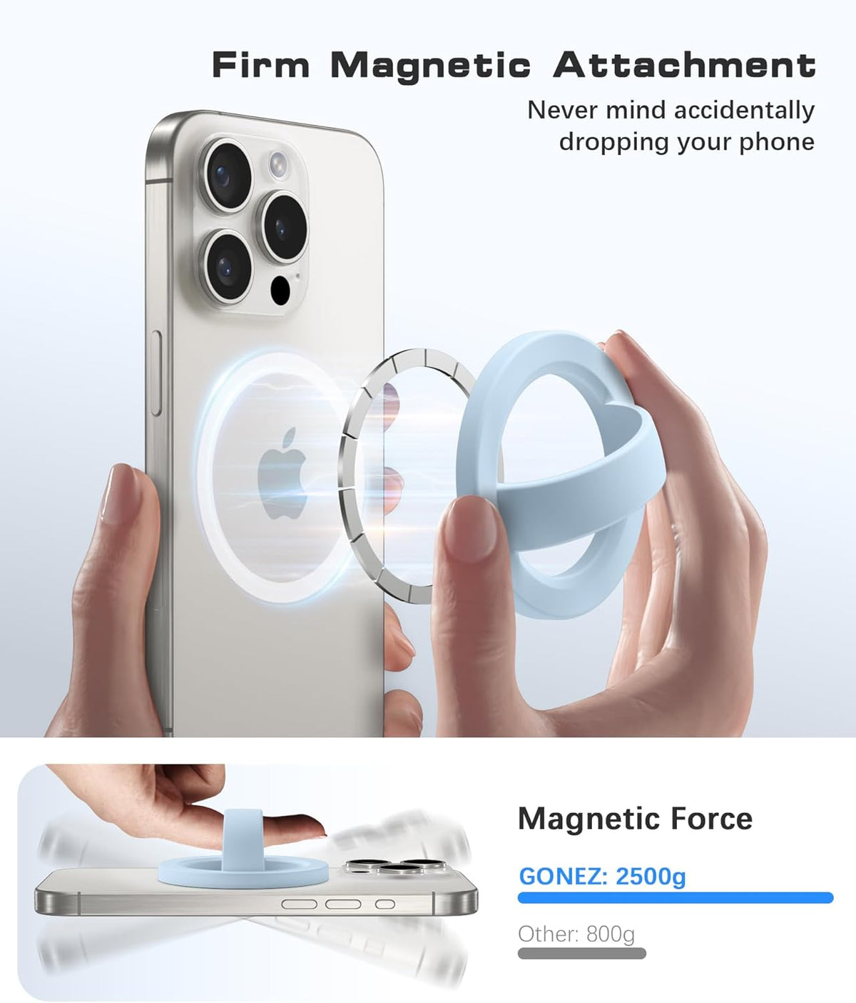 GONEZ Magnetic Phone Grip Compatible with MagSafe, Removable Silicone Loop Grip, Phone Ring Holder for Back of Phone for iPhone 16/15/14/13/12 Series, Blue