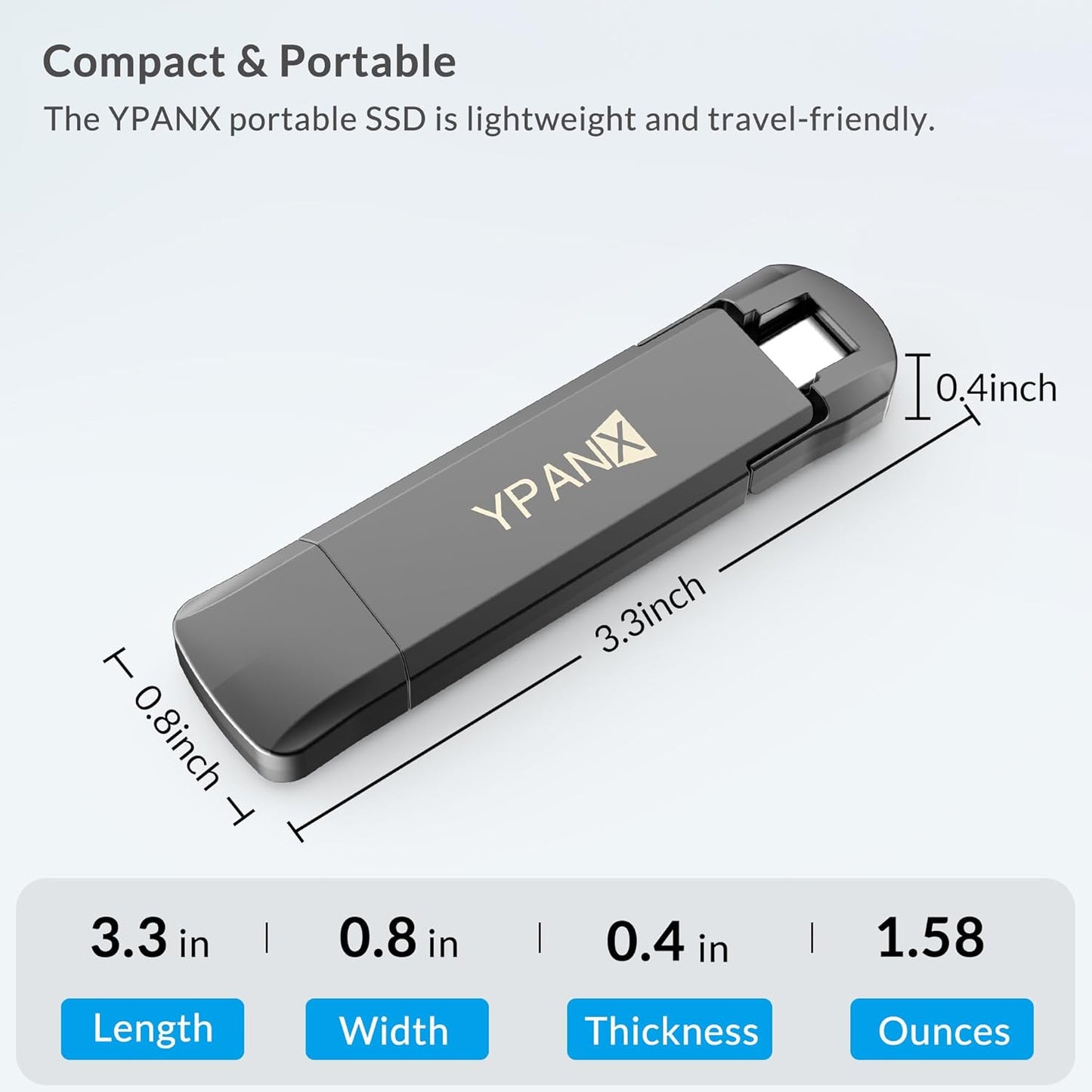 YPANX 256GB Pro Portable SSD, 1000MB/s Speed, USB 3.2 Gen 2 + Type C Dual-Port, Lightweight External SSD for iPhone 15/16/Pro, Android, Windows, Mac, Tablets