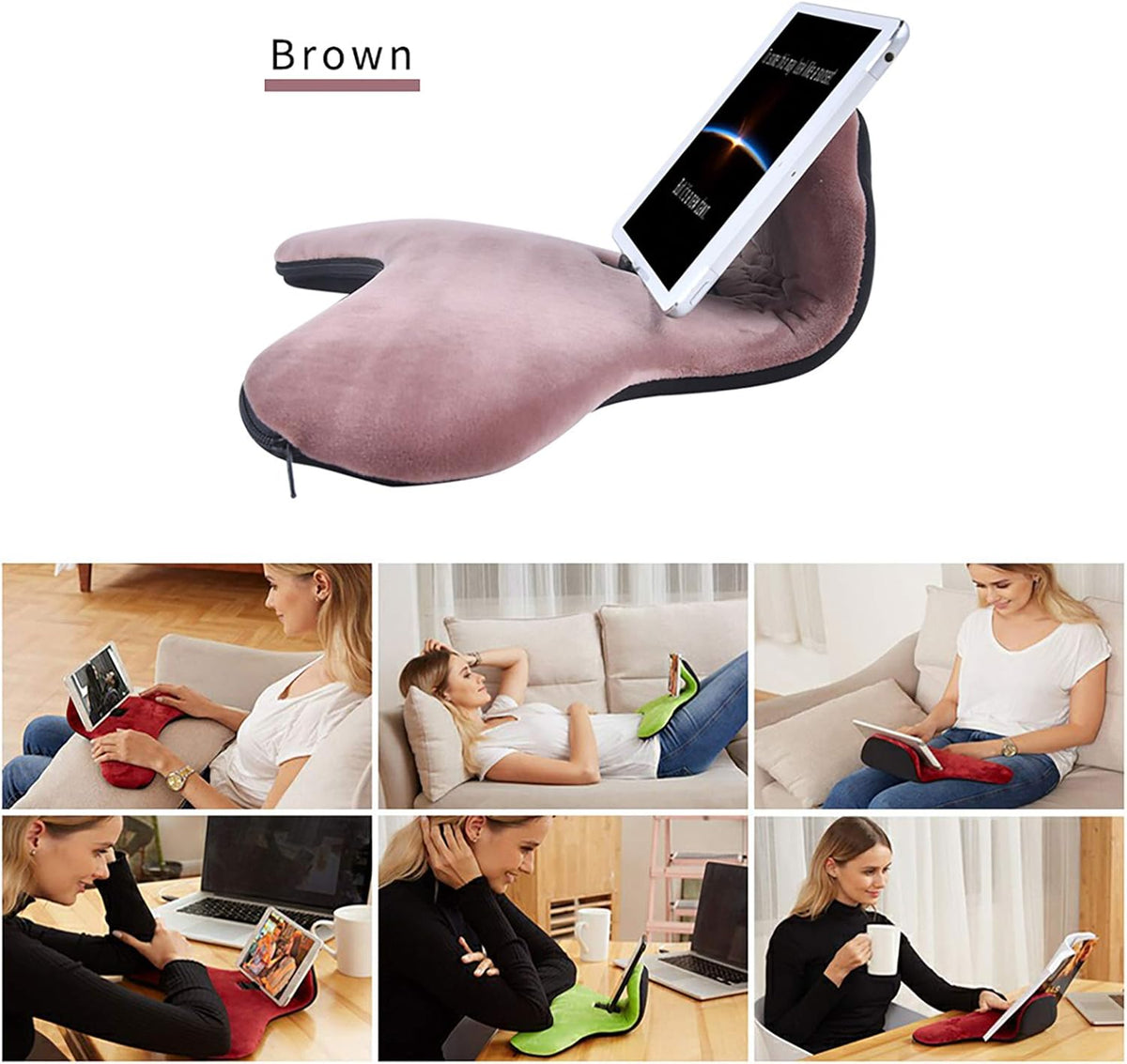 Soft Pillow for ipads, Multi-Angle Phones&Tablets Pillow Lap Cushion Stand, Universal ipad Tablet Reading Stand Pillow Holder as Gift Idea for ipads, Tablets, EReaders, Smartphones, Magazines(Brown)