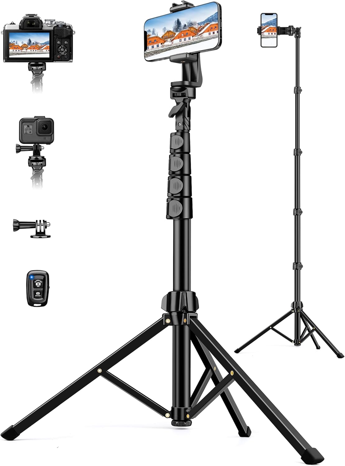 Phone Tripod, 71" Portable Cellphone Tripod Stand with Remote & Phone Holder, Camera Stand for iPhone, Compatible with Camera iPhone/Android Smartphone/Gopro