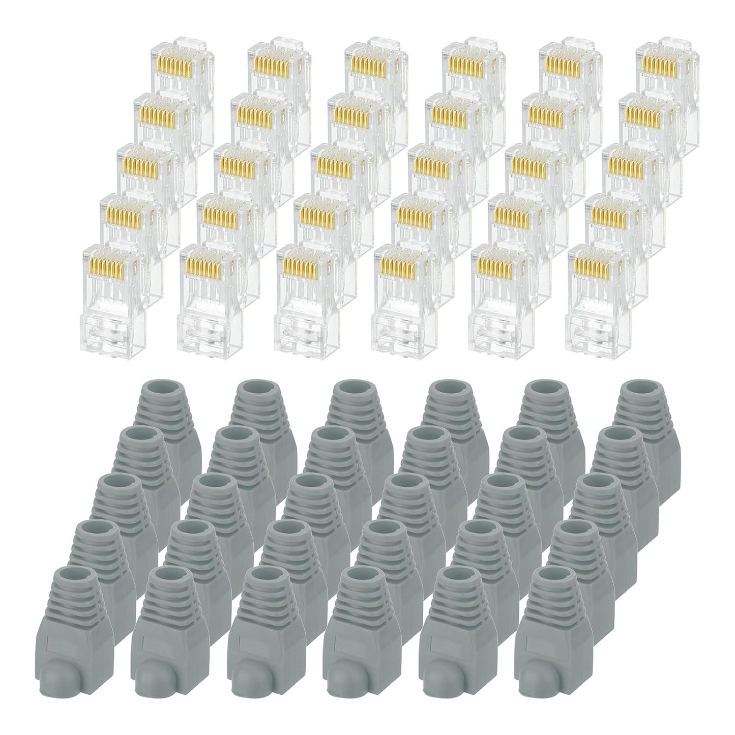 MECCANIXITY 100pcs Cat6 RJ45 Pass Through Connectors, RJ45 Connector 8P8C Gold Plated Plugs with 100pcs Dark Grey Strain Relief Boots for Solid or Stranded UTP Ethernet Cable, 1.1mm