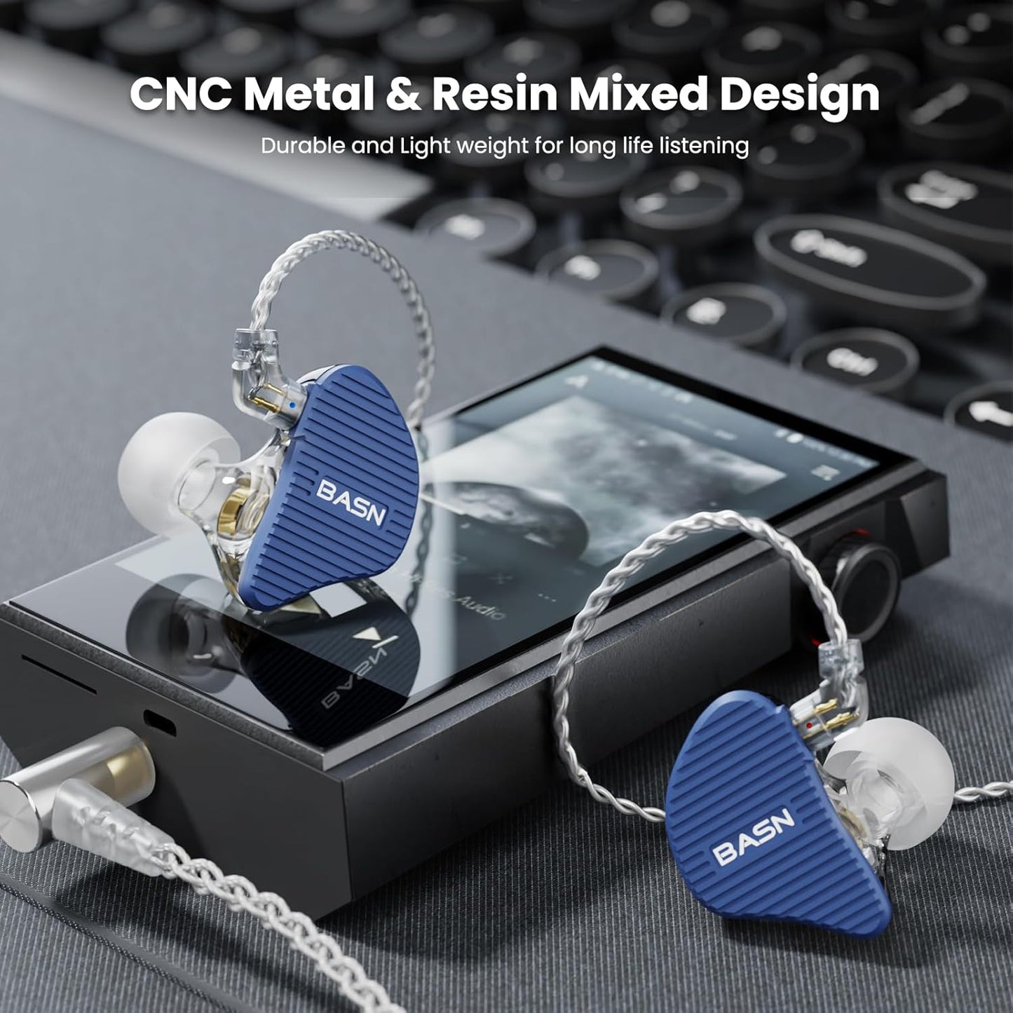 BASN Mix-PD in Ear Monitor,1Planar Driver + 1Dynamic Driver HiFi IEM Earphones with CNC Crafted Metal Cover, Wired 0.78mm 2-Pin Silver Plated Detachable Cable for Musicians (Blue)
