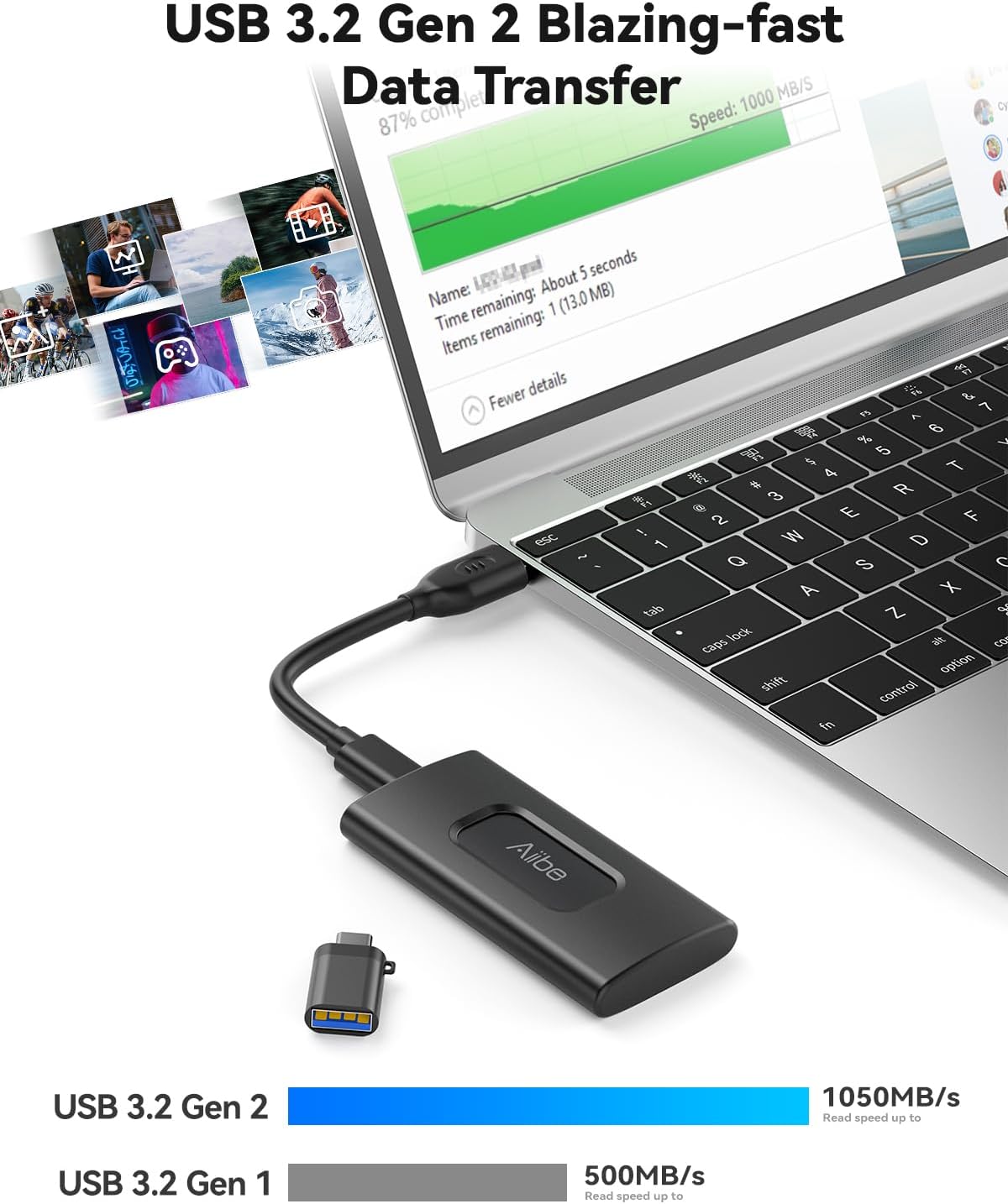 Aiibe 1TB External Solid State Drive USB C Portable SSD USB 3.2 Gen 2, Up to 1050MB/s, 1TB External SSD External Hard Drive for iPhone 15/Pro, Laptop, Mac and PS4 (Black)