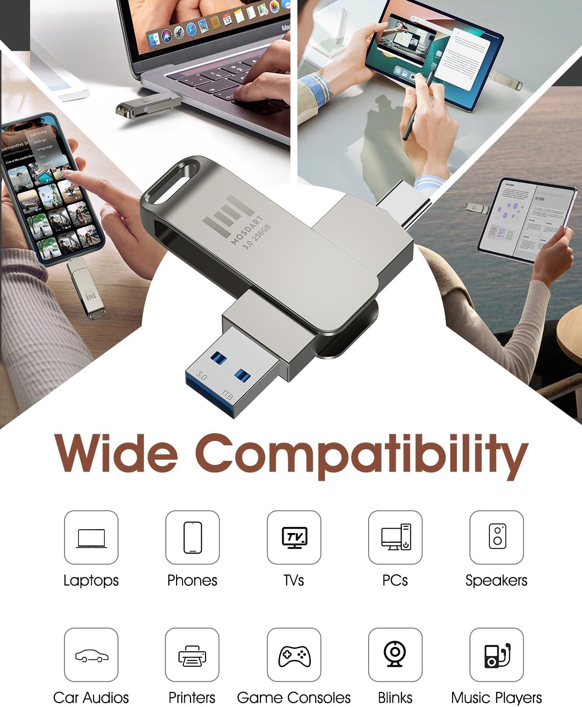 MOSDART 256GB USB3.1 Fast Speed C and A Dual Flash Drive, exFAT Memory Stick with Keychain Loop, for iPhone 15 and 16, Android Phone, iPad, MacBook, Silver