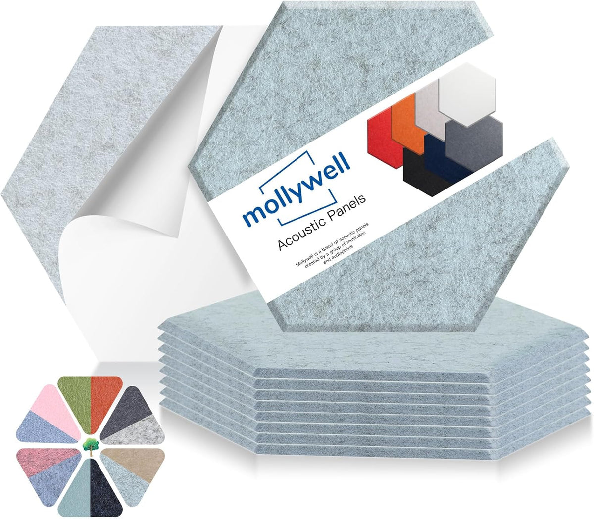 Mollywell Hexagon Acoustic Panels, High Density, Soundproofing, Decorative Noise Reduction Felt Wall Tiles for Ceilings, Home Office & Gaming Room (Smoky Blue), 14x12x0.4 Inch