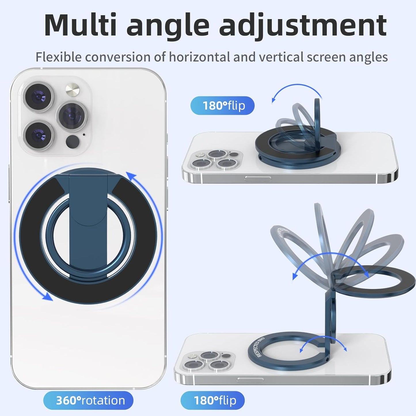 RESPECTED BRO-Magnetic-Phone-Ring-Holder with Dual Rings, Compatible with iPhone 16/15/14/13/12, Multifunctional Stand for Desk,Office,Gym,Kitchen & All Metal Surfaces, Finger Loop Grip (Dark Blue)