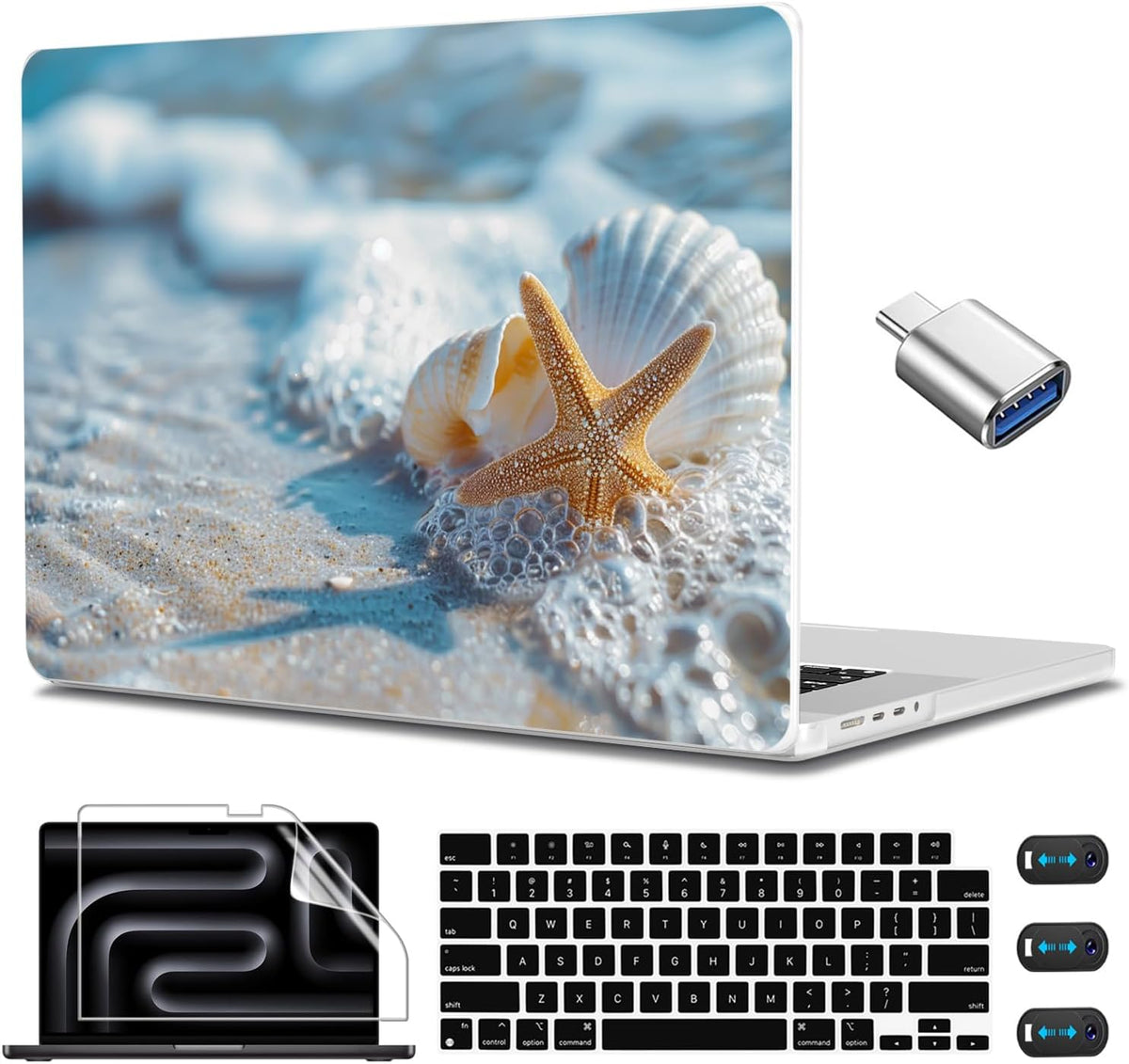CISSOOK Compatible with MacBook Pro 14 inch Case 2024, 2023-2021 Release M4 A3112 A3185 A3401 M3 A2992 A2918 M2 A2779 M1 A2442 Model, Plastic Hard Shell Case with Keyboard Cover, Beach&Shell
