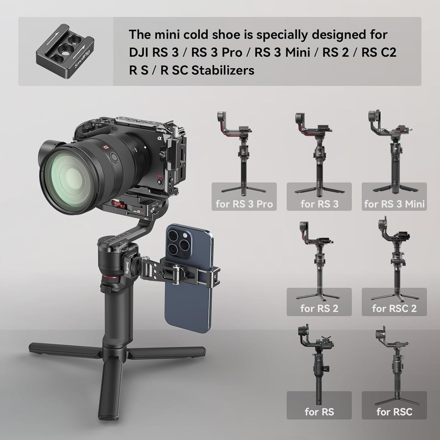 SMALLRIG Universal Phone Tripod Mount, Metal Cell Phone Mount with Cold Shoe Mount and M4 Screws for DJI RS 4 Mini/Pro, Free Adjustment Phone Mount Adapter for iPhone 17 16, for Samsung Galaxy- 4301