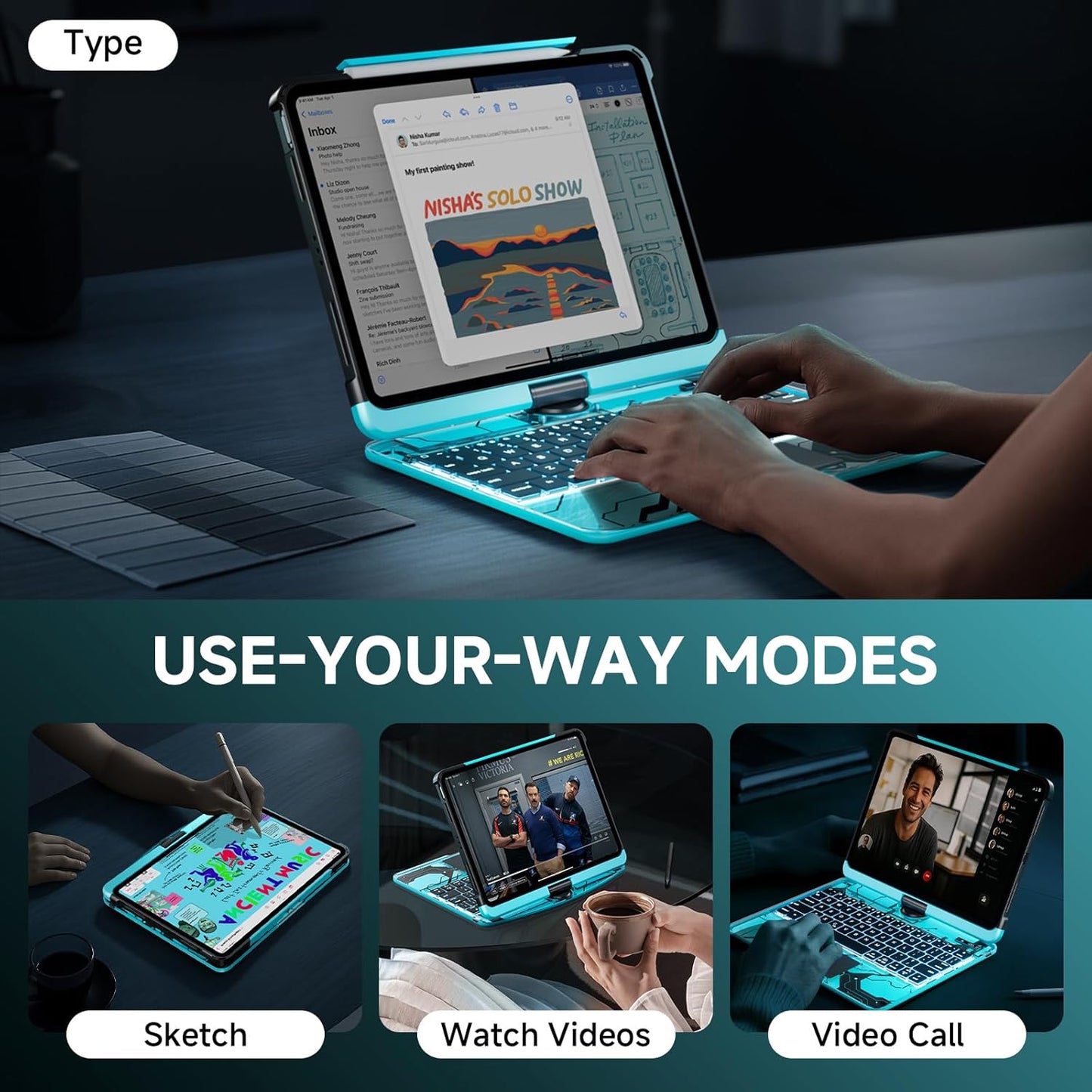 Transparent Case with Keyboard for iPad 11th Gen 11-in.(A16, 2025) & 2022 iPad 10th Gen 10.9-in,7-Color Backlit,Wireless Keyboard, 360°Rotating,with trackpad,Pencil Holder,with Shortcuts,Blue