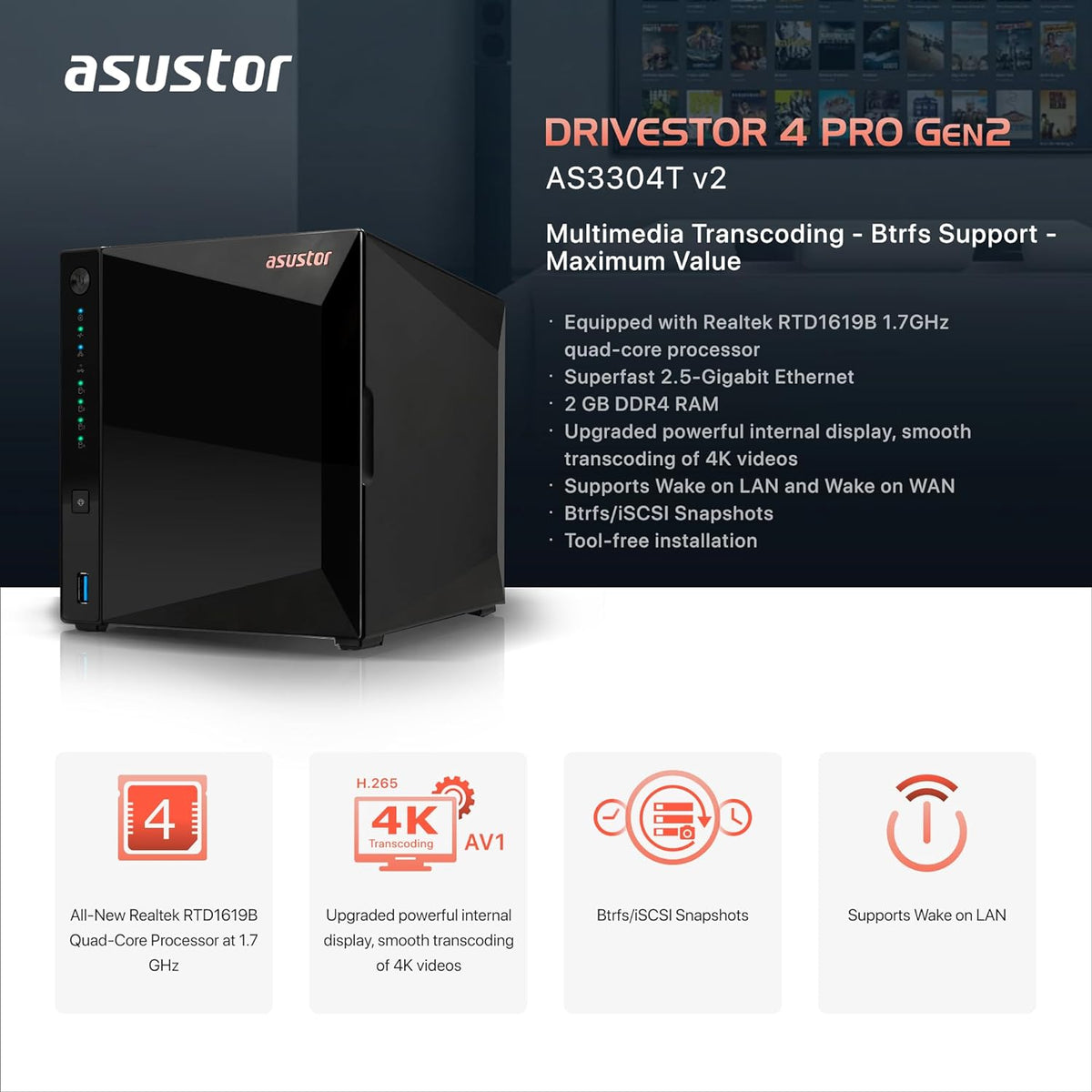 Asustor Drivestor 4 Pro Gen2 AS3304T v2, 4 Bay NAS, 1.7GHz Quad-Core, 2.5GbE Port, 2GB RAM DDR4, Best Value for Home Media Server, Network Attached Storage(Diskless)