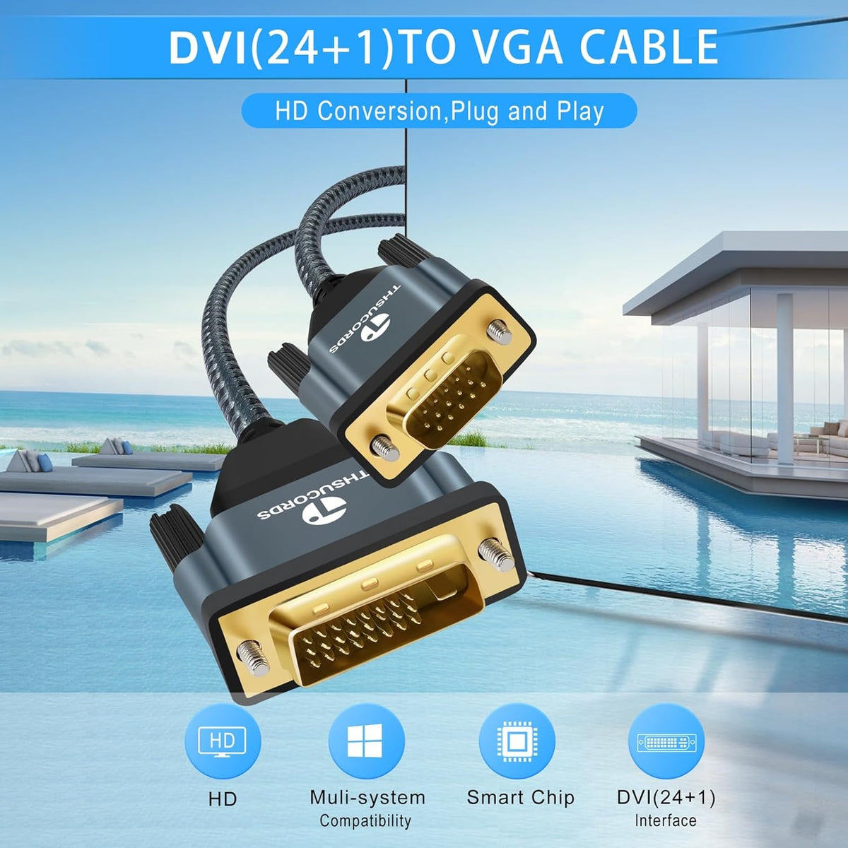 DVI to VGA Cable 6.6FT, Uni-Directional DVI-D to VGA Adapter Male to Male Gold-Plated Braided 1080P Full HD Cord for HDTV, PC,Laptop, Monitor, Projector