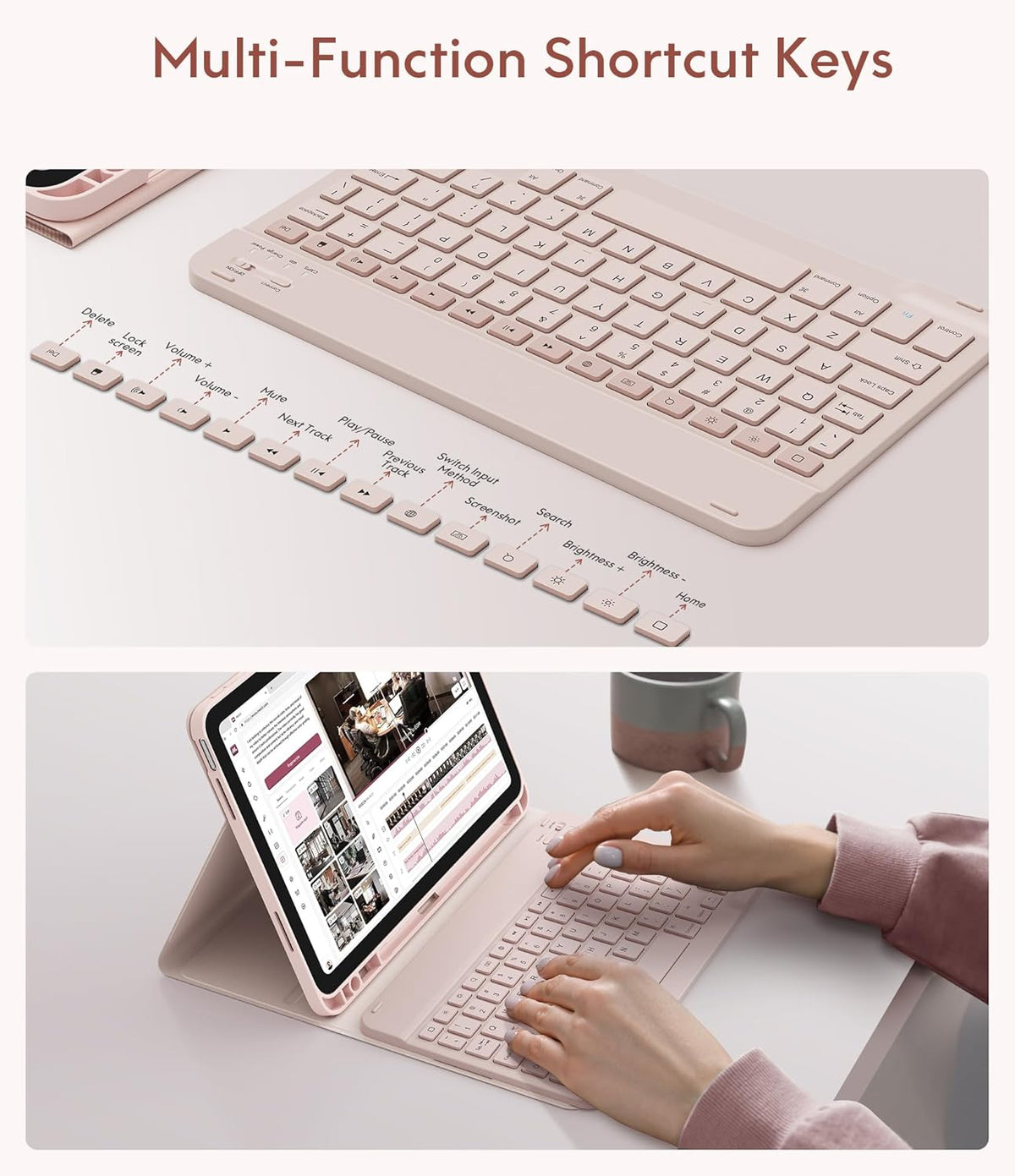 CHESONA Keyboard Case for iPad (A16) 11th/10th Generation (2025/2022), Detachable Wireless Keyboard, Stand Folio Keyboard Cover with Pencil Holder, Thin & Light (Pale Pink)