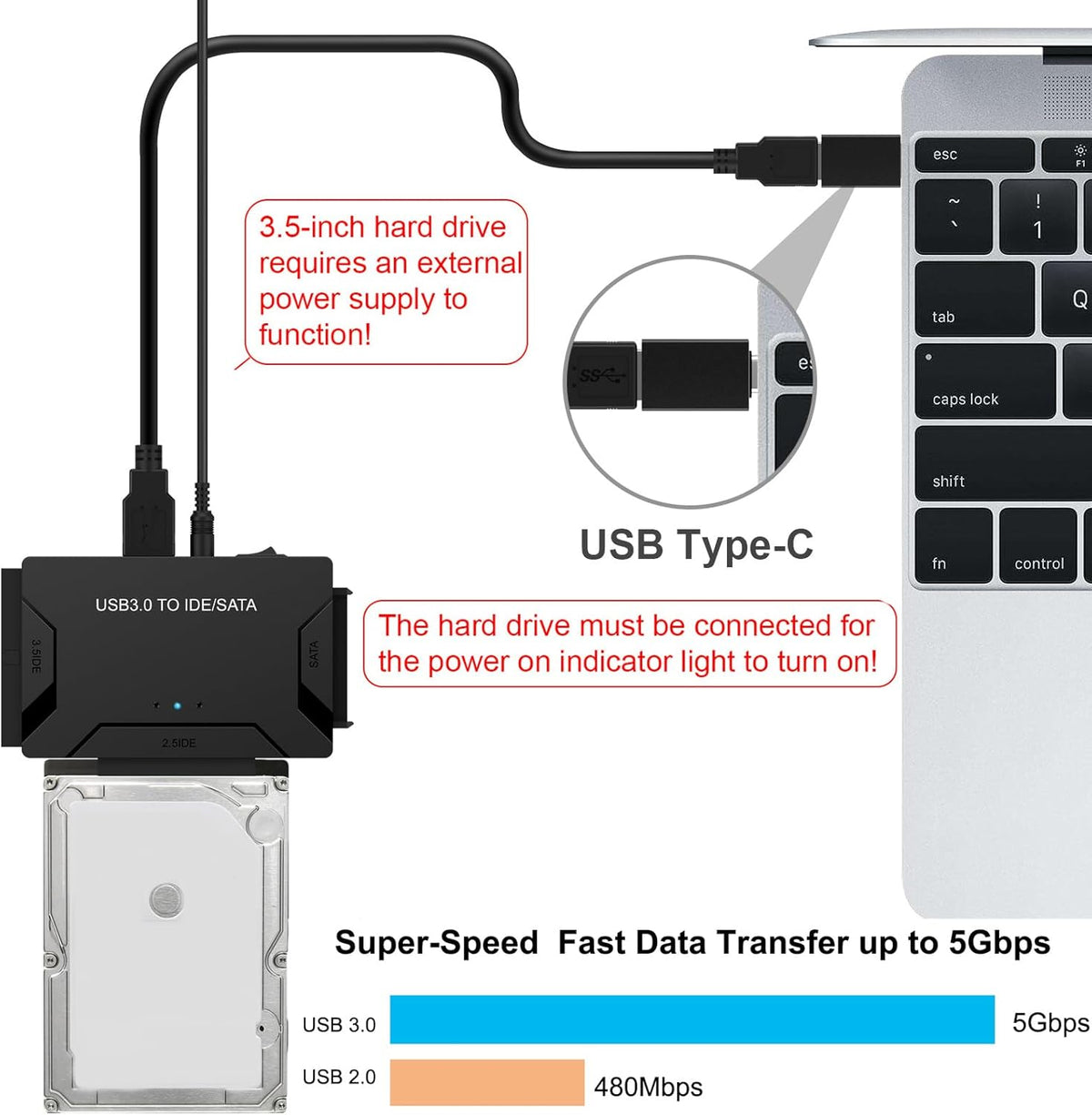 USB 3.0 to SATA IDE Adapter, Hard Drive Reader External Ultra Recovery Converter Compatible with 2.5" 3.5" HDD, SSD,5.25-inch DVD/CD-ROM Optical Drive Data Transfer with Power Supply